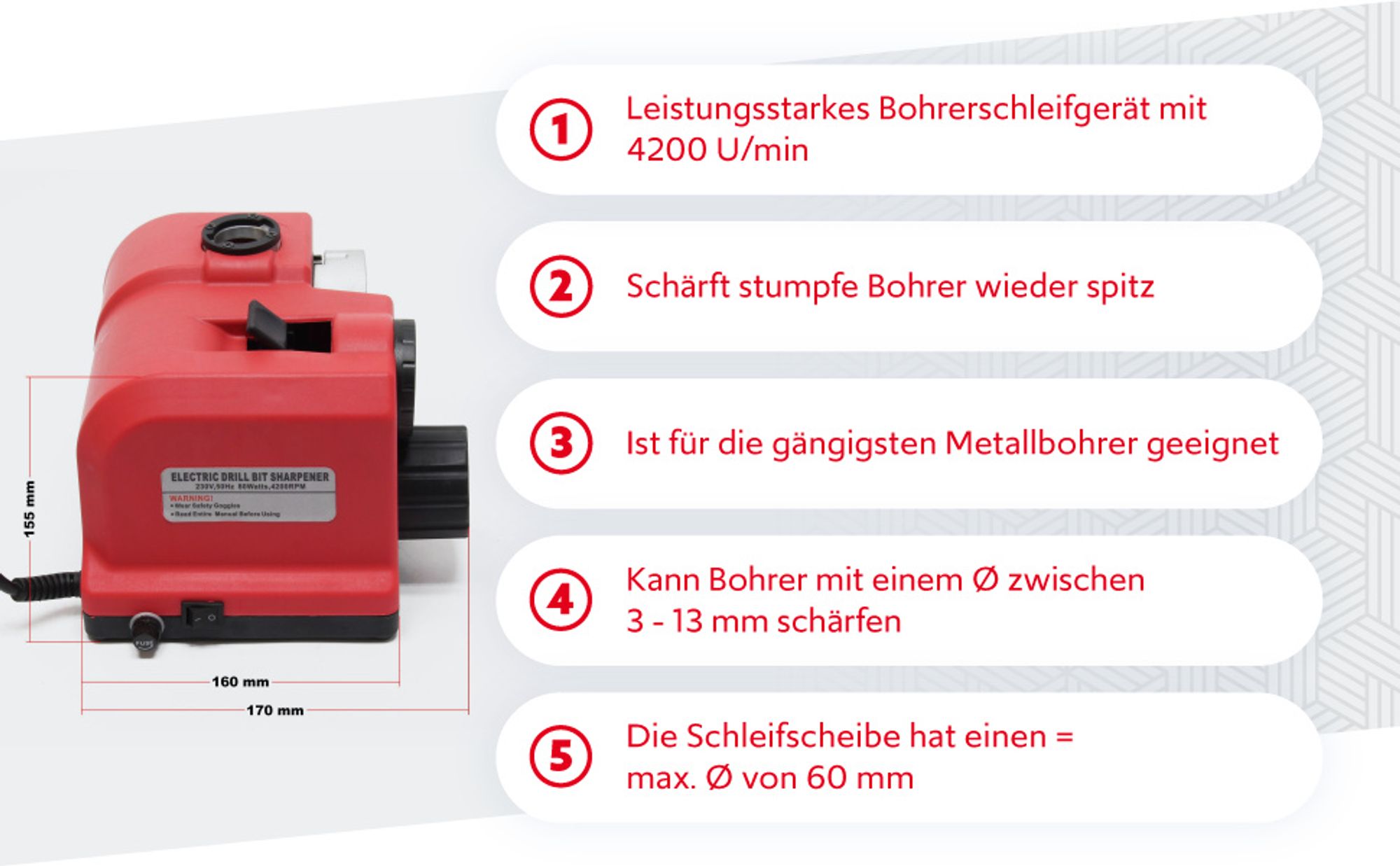 Schleifgerät für Bohrer 3-13 mm Bohrerschleifgerät 4200U/min mit 80W Metall-Bohrer schärfen
