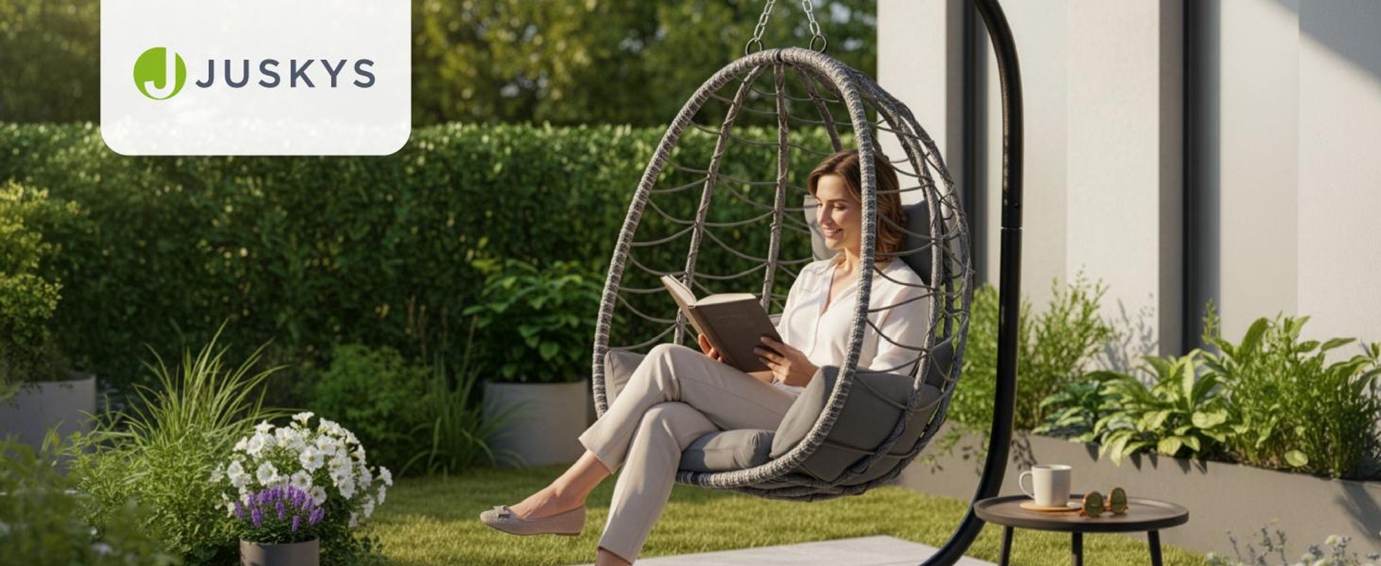 Juskys Hängesessel Aria mit Kissen - höhenverstellbar & faltbar - Polyrattan Hängeschaukel Outdoor & Indoor - Korbhängesessel bis 130kg Dunkelgrau