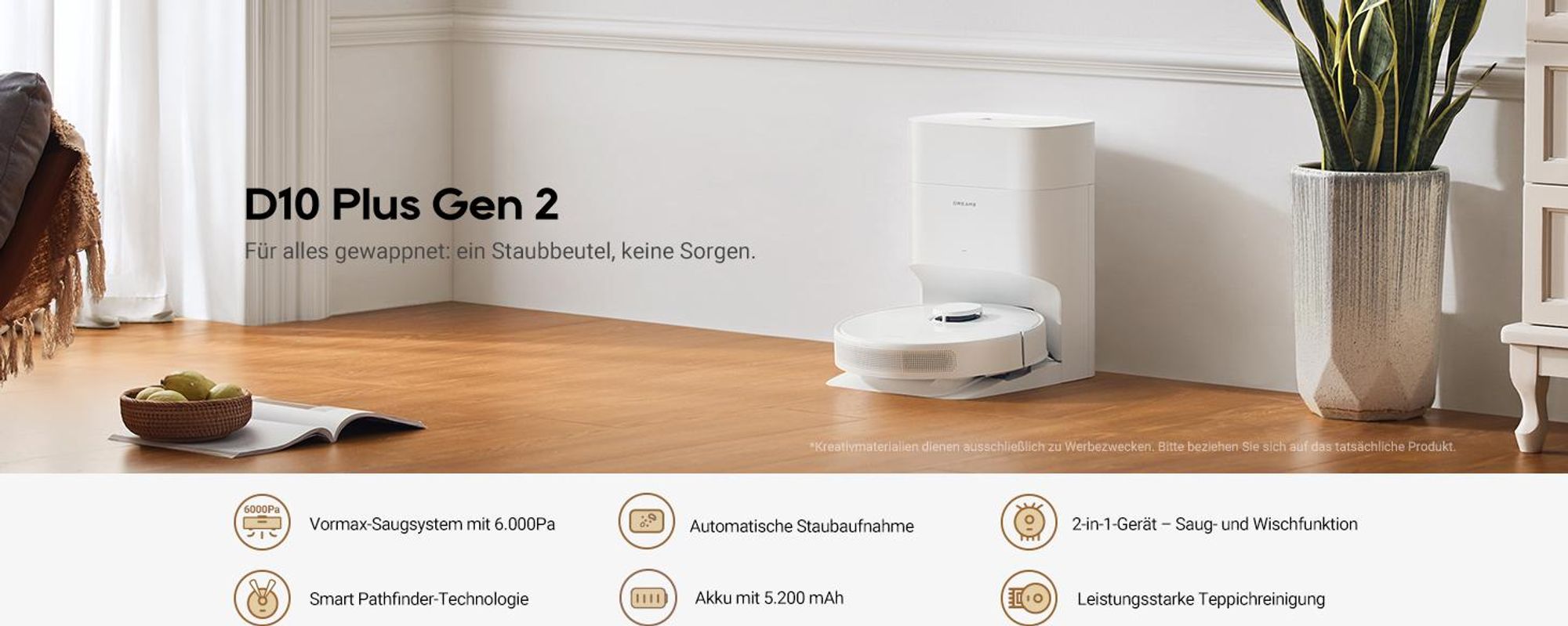 Dreame D10 Plus Gen2 Roboter Saugroboter mit Wischfunktion,Auto-Staubentleerung,LiDAR-Navigation,6000Pa Saugleistung für Teppiche und Tierhaare,285Min