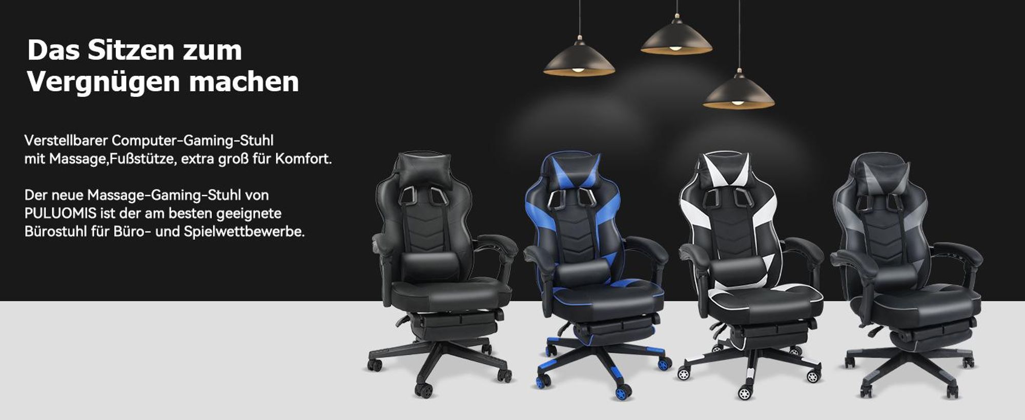 Puluomis Gaming Stuhl mit Massage und Fußstütze 150kg, Bürostuhl Ergonomisch Chefsessel Schreibtischstuhl Racing Stuhl Computerstuhl Grau Schwarz