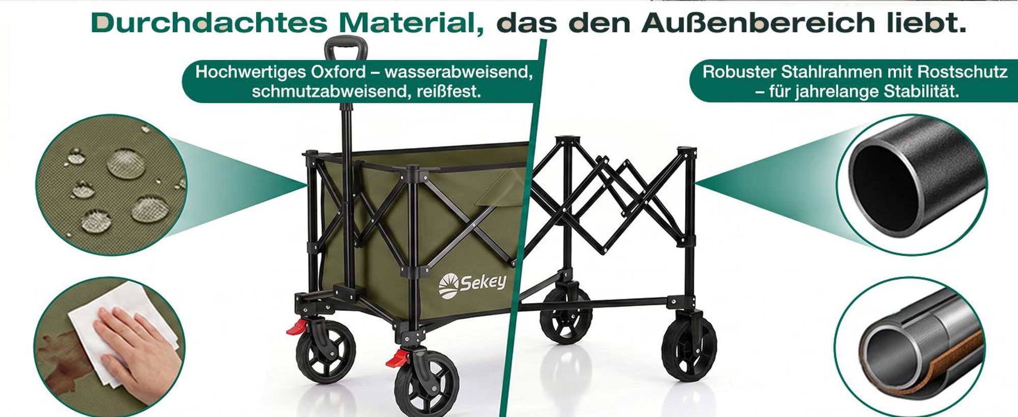 Sekey Bollerwagen faltbar 150 kg mit Bremsen, klappbarer Handwagen für Garten und Ausflug, Grün
