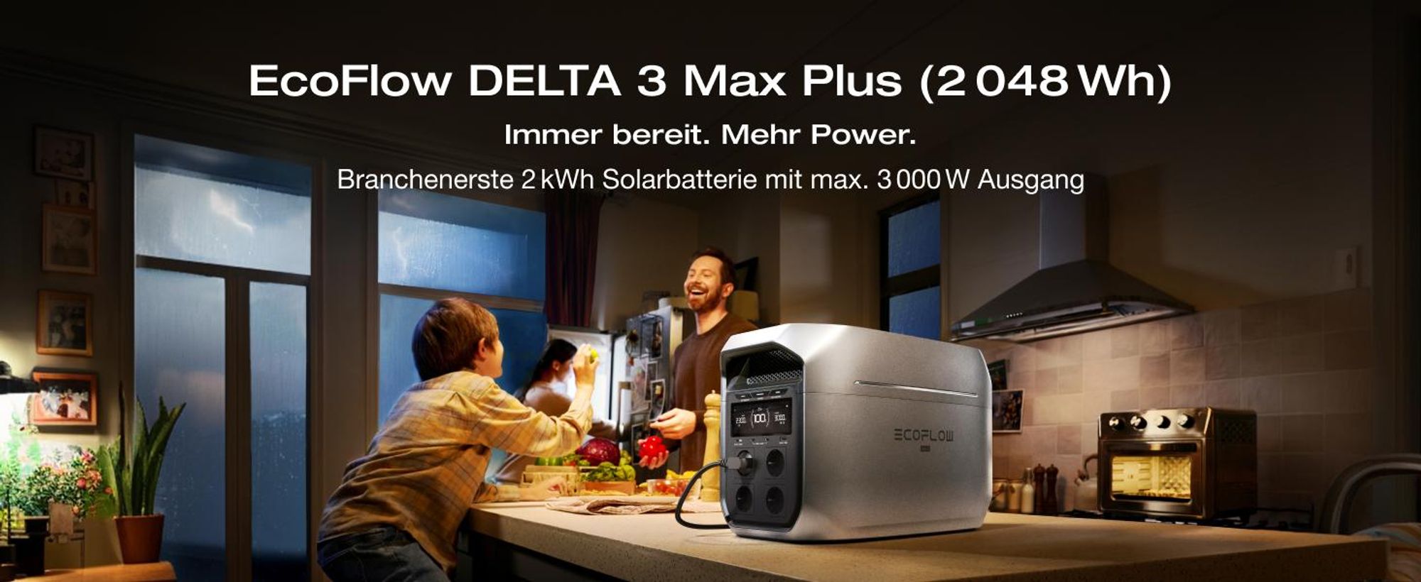 EF ECOFLOW DELTA 3 Max Plus tragbare Powerstation, 2 048 Wh LiFePO₄-Batterie, erweiterbar auf 10 kWh, 3 000 W AC-Ausgang, 0–80 % Ladung in 47 Min
