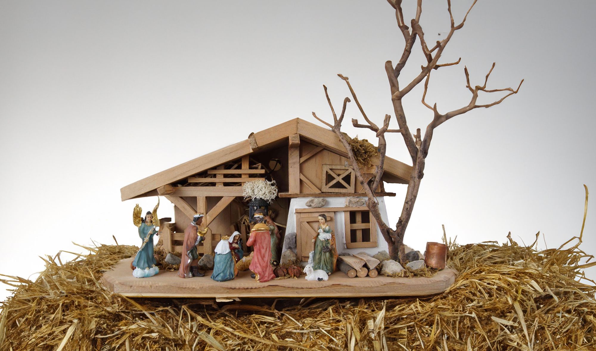 Tolle Weihnachtskrippe Gersdorf inkl. 11-tlg. Figurensatz K 111, Maße Krippe: ca. 30 x 11,5 x 13 cm