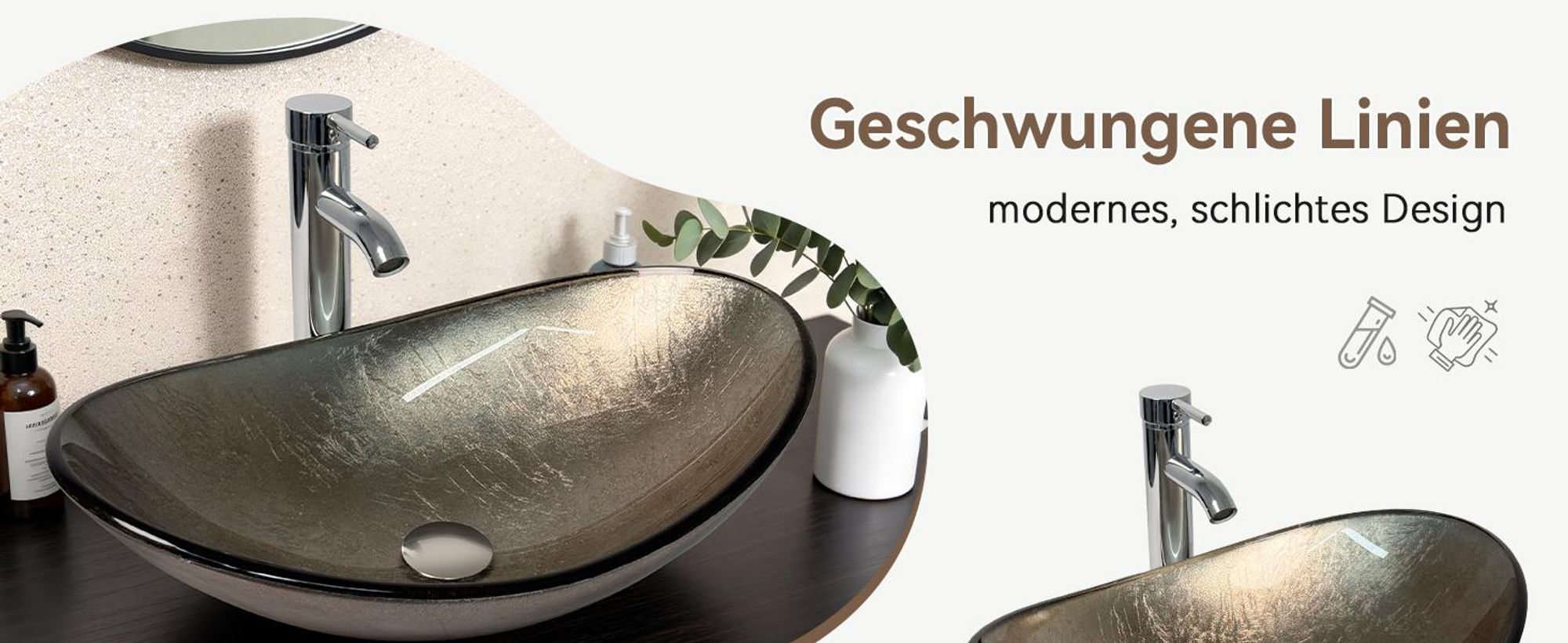 Puluomis Waschbecken Glas Aufsatzwaschbecken Waschschale Oval mit Wasserhahn Ablaufgarnitur Champagner