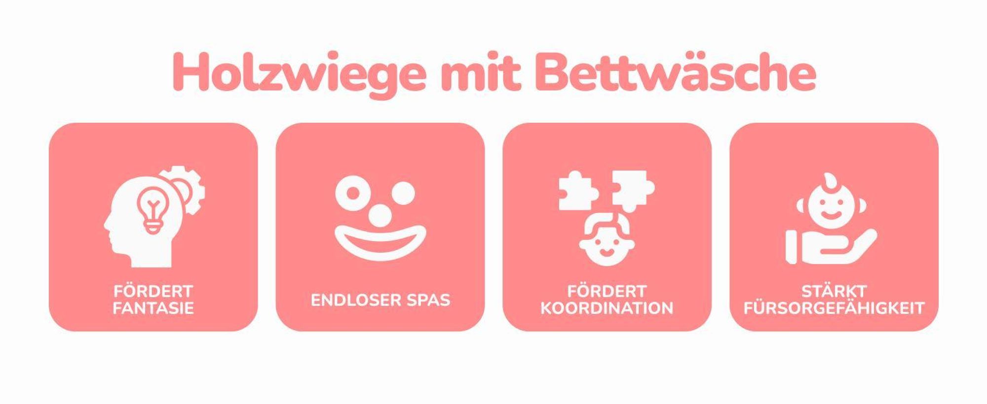 Kinderplay Holzpuppenwiege mit Bettwäsche – große Puppen-Schaukelwiege aus Holz für Puppen bis 49,5 cm – mit Matratze, Kissen und Decke – Modell GS2106
