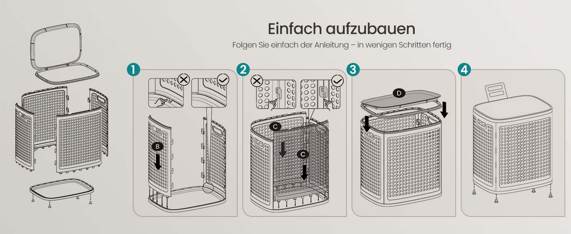 SONGMICS Wäschekorb Plastik, 75 L Wäschesammler, Wäschebox mit Deckel, schmale Wäschetonne für Bad, Waschküche, beige
