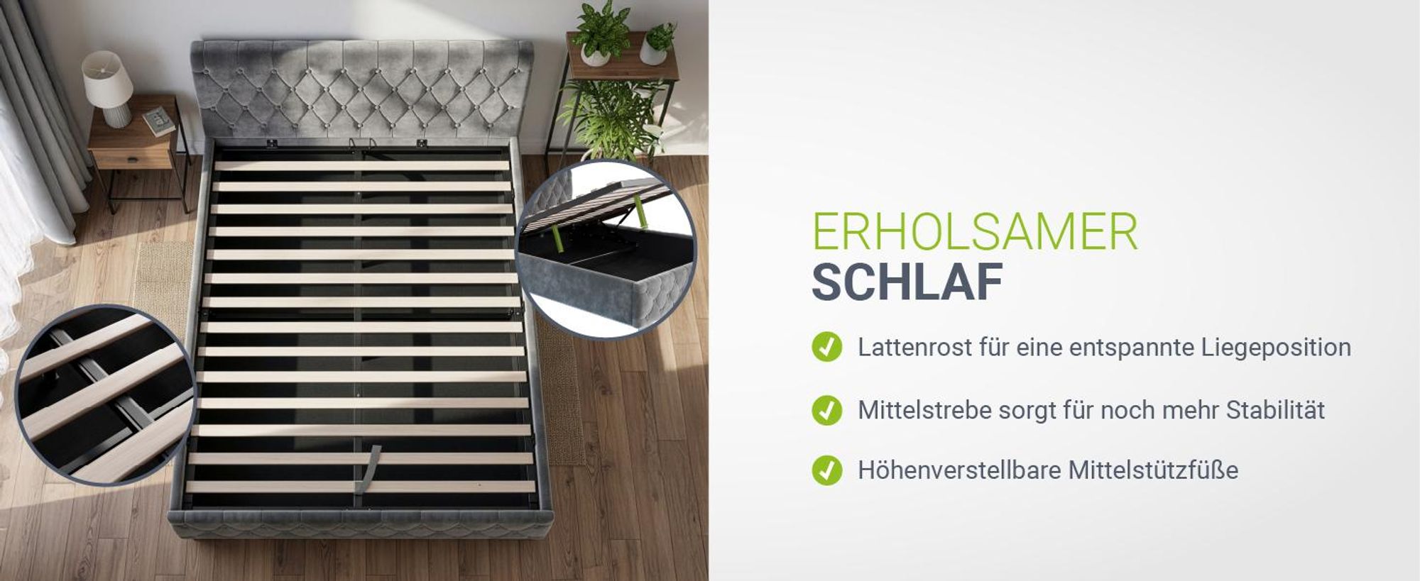 Juskys Polsterbett Nizza 140x200 cm Grau - Bettgestell mit Lattenrost, Stauraum & LED Beleuchtung - Bett mit Samtbezug & Chesterfield-Steppung