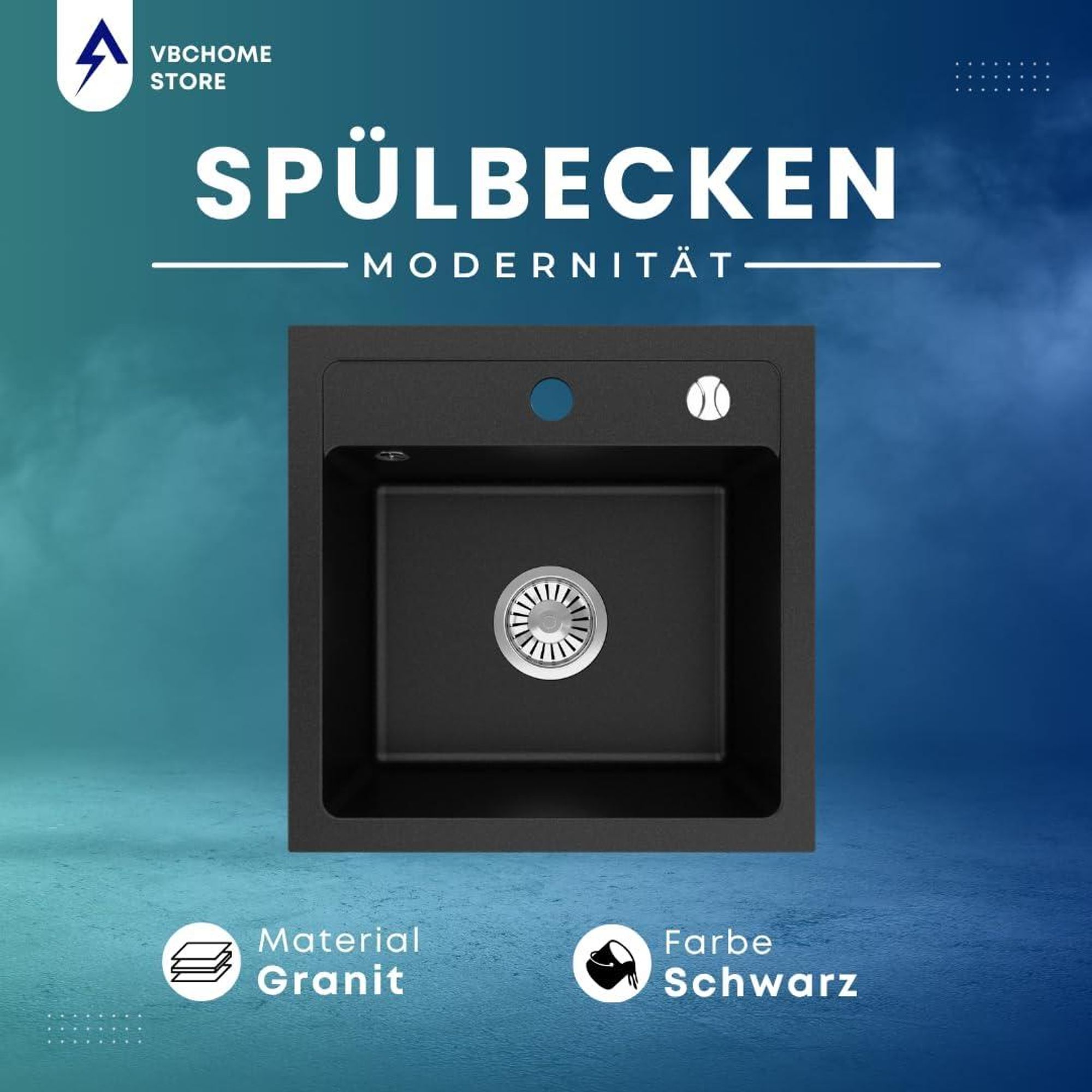 VBChome Granitspüle 44 x 44 cm Schwarz mit Armatur Einzelbecken Einbauspüle Gesprenkelt Pflegeleichtes Spülbecken mit Siphon Ideal für kleine Küchen
