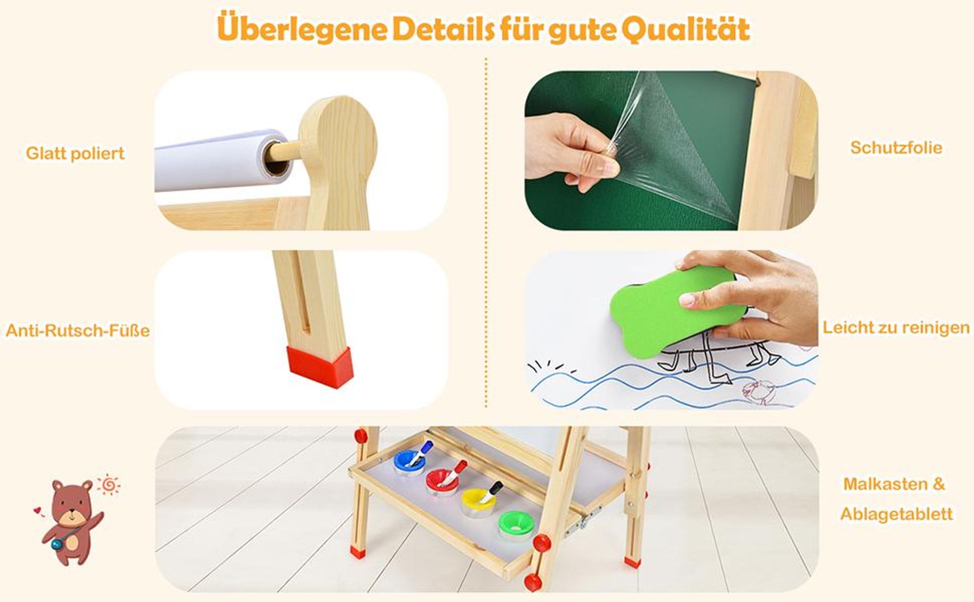 COSTWAY 3 in 1 Kindertafel aus Holz, Kinder Staffelei höhenverstellbar mit Whiteboard & Kreidetafel & Zeichenpapier, Magnettafel mit Ablage&Zubehör