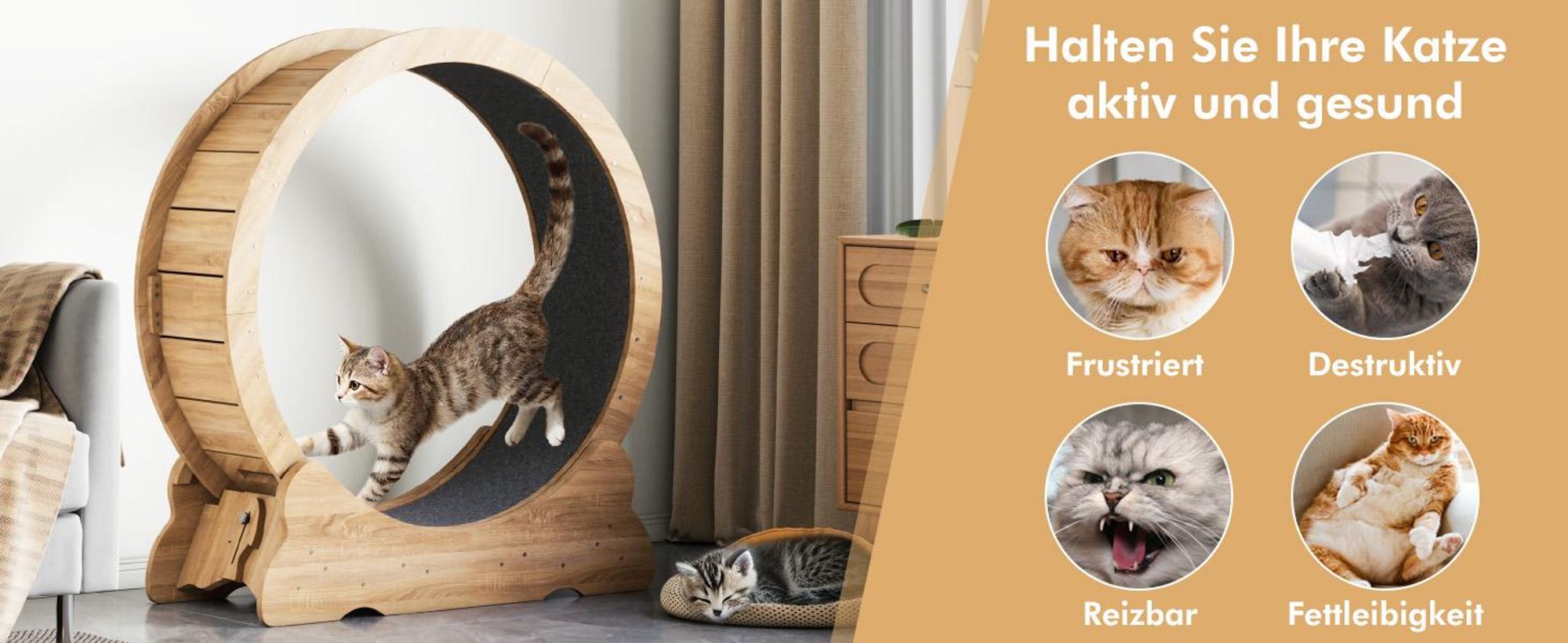 Mondeer Tier-Intelligenzspielzeug Laufband für Katzen,Innendurchmesser 80cm,Sicherheitsschloss-Design, Leises Scrollrad,90 x 97 x 36CM Naturholz