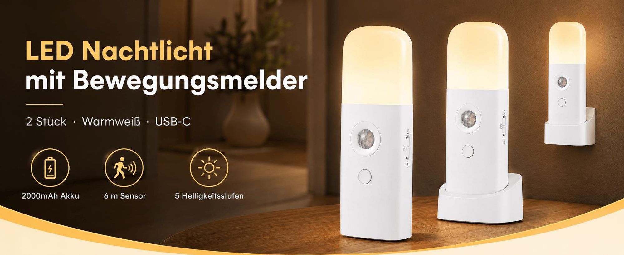 2 Stück LED Nachtlicht mit Bewegungsmelder, 6M Sensorlicht, 5 Helligkeitsstufen & 3 Modi (inkl. SOS) – Bis zu 6 Monate Akkulaufzeit, USB-C Aufladung