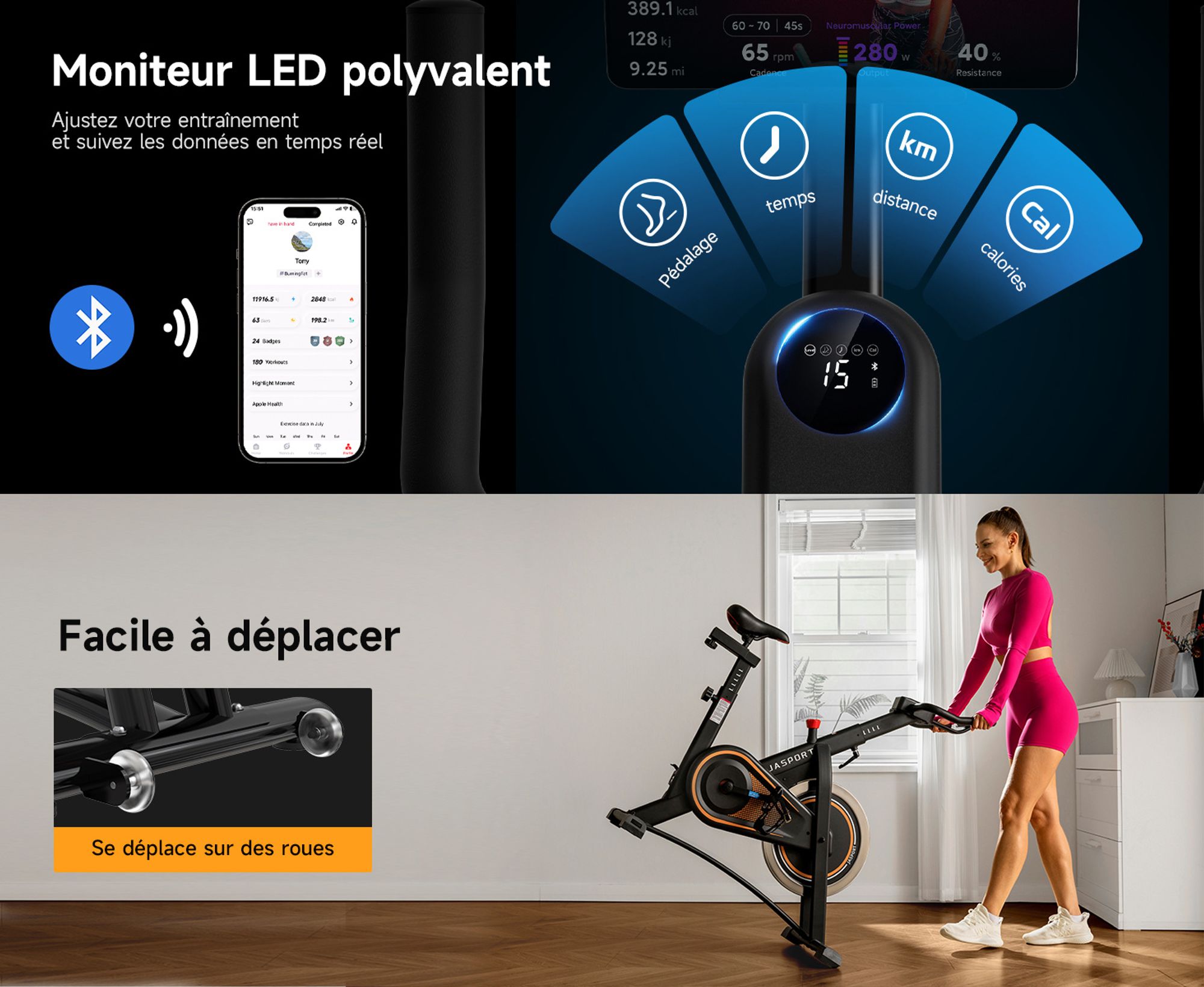 JASPORT A3 ergomètre – vélo d’appartement silencieux pour entraînement d’endurance, support tablette et assise confortable