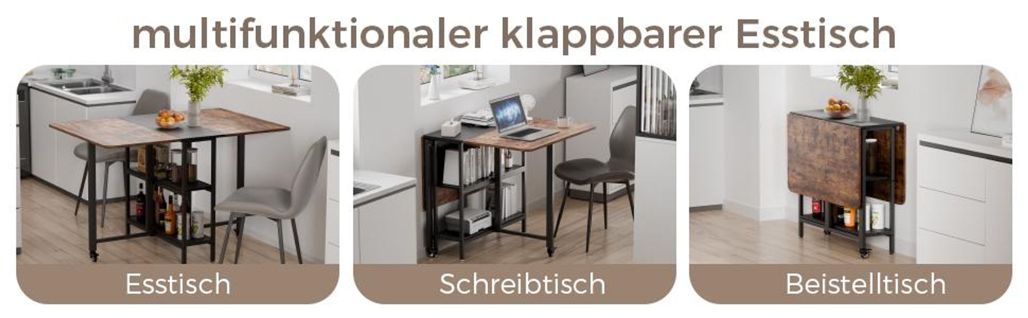 Mondeer Klappbarer Esstisch Küchentisch mit 2 Ablagen und Rollen 140 x 80 x 75 cm Vintage Braun
