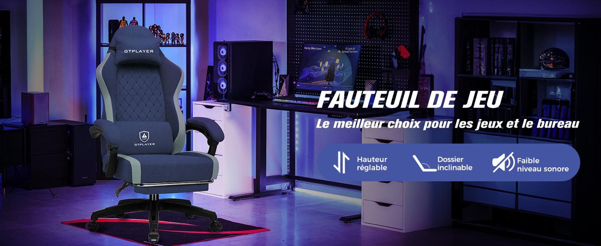Chaise de jeu GTPLAYER Fauteuil de jeu ergonomique Chaise de bureau PC Gamer Racing Chaise avec surface en tissu, coussin d'assise à ressorts, accoudoirs de liaison, avec repose-pieds pouvant supporter jusqu'à 153 kg