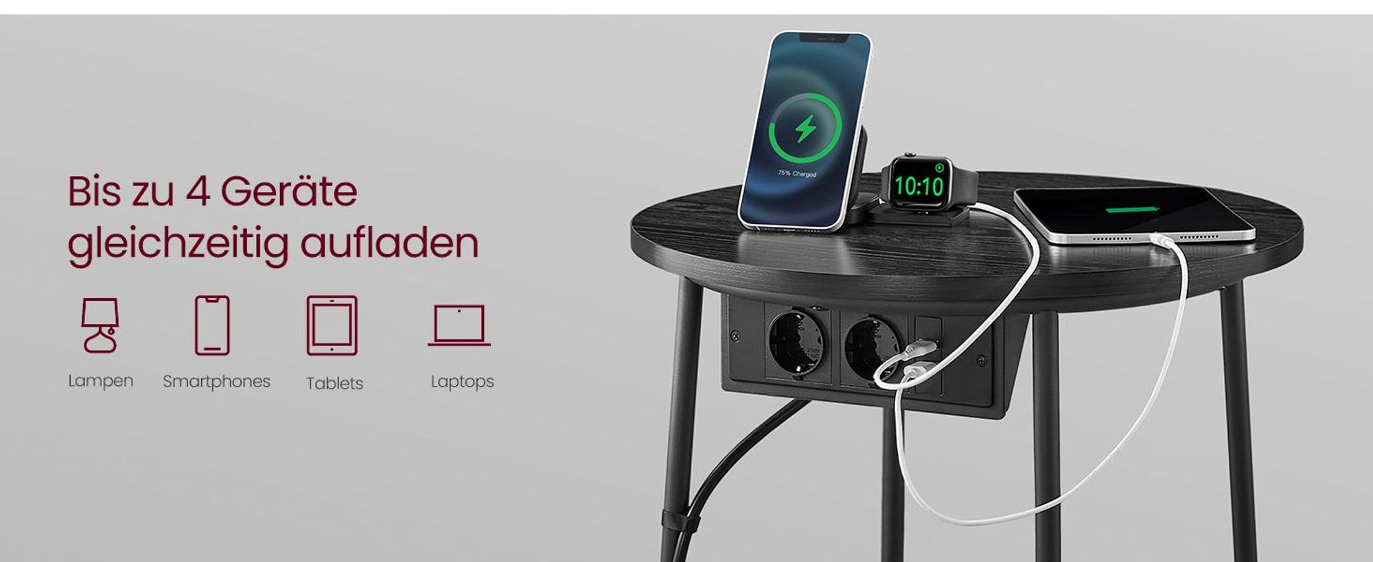 VASAGLE Beistelltisch rund, mit Steckdose, USB-Anschlüsse, Ø45 cm, ebenholzschwarz-schiefergrau