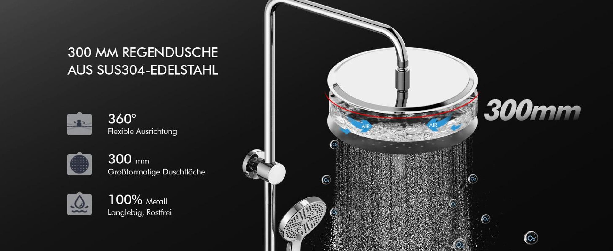 Homelody Duschsystem ohne Armatur, Duschset Duschsäule mit SUS 304 Edelstahl 30cm kopfbrause & Handbrause Rund, 3 Strahlarten, Chrom