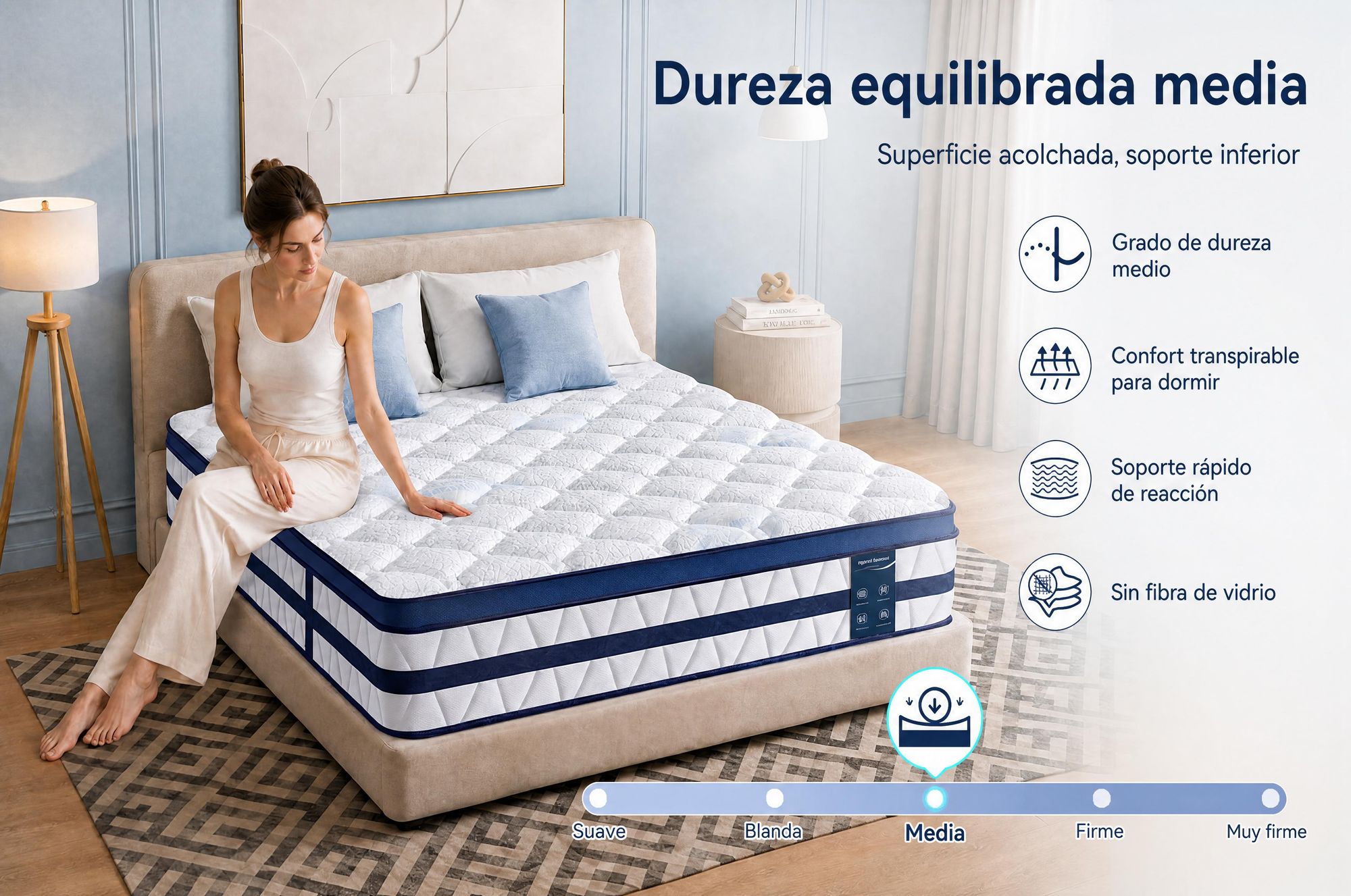 Colchón de 90x190 cm, con una altura de 26 cm, que incluye un acolchado superior integrado. Colchón de muelles ensacados con 7 zonas, firmeza H3/H4. Funda de alta calidad de 420 g/m²