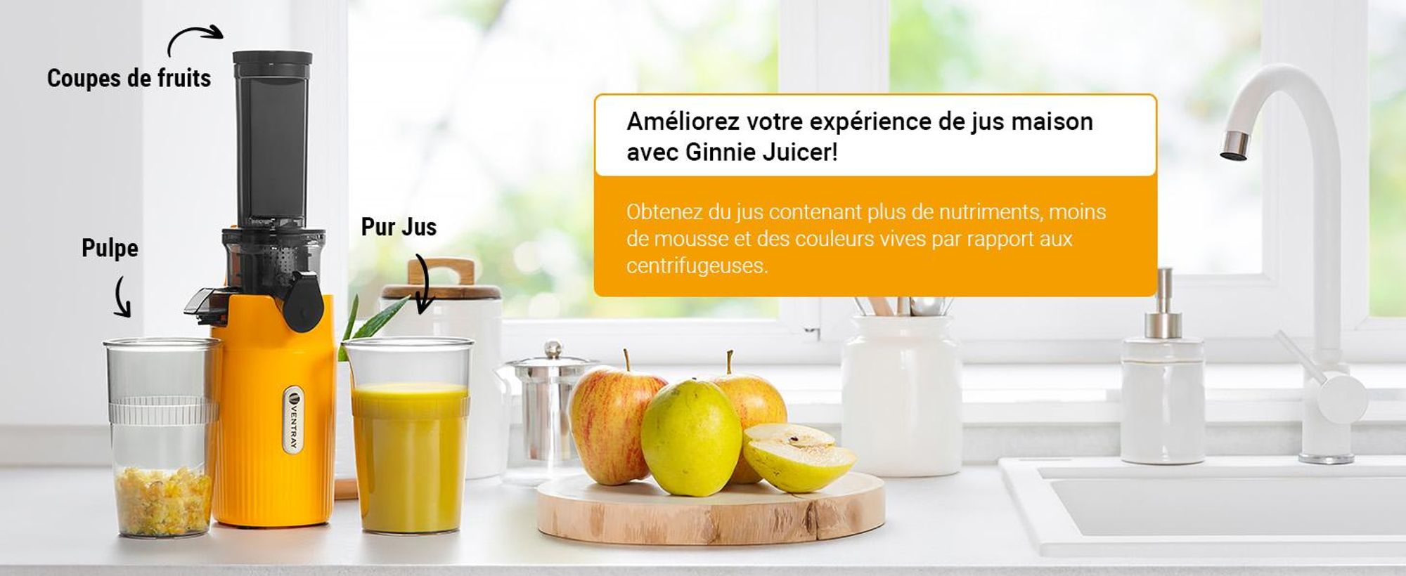 Ventray Essential Ginnie - Centrifugeuse à pression à froid, Slow Juicer Compact & Silencieux (60 tr/min, ouverture de remplissage de 45mm), sans BPA, 400ml, Nettoyage facile
