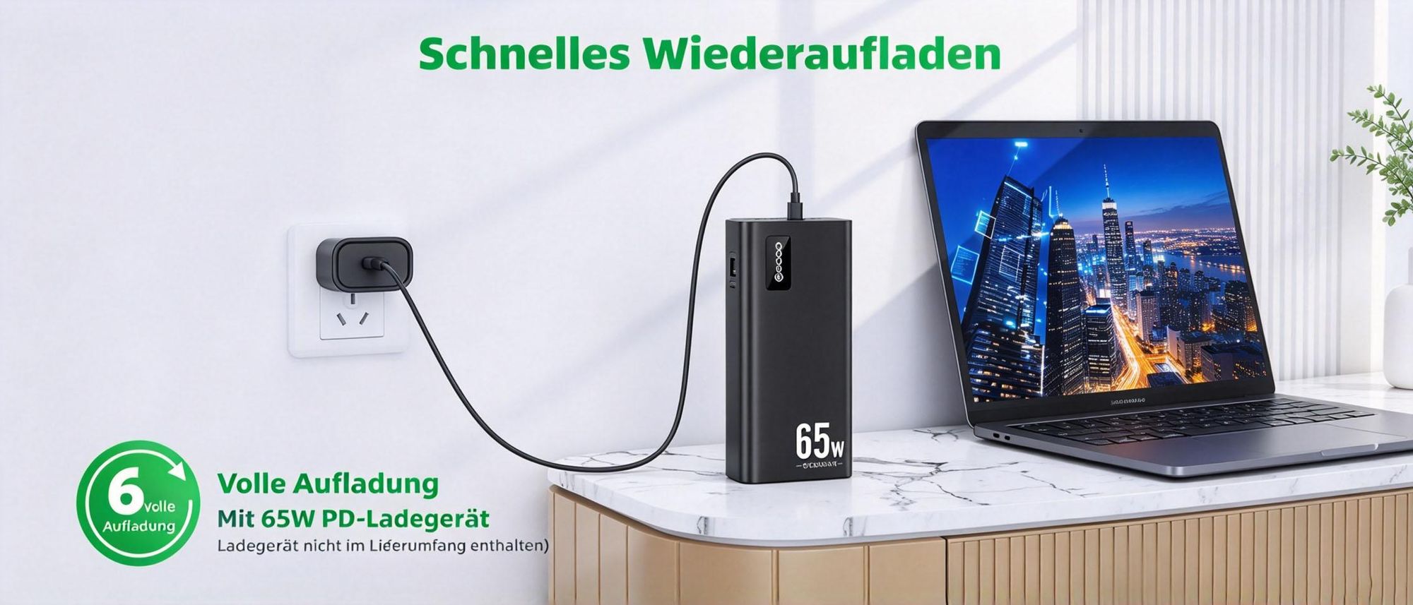 Juksun Schnelllade Powerbank 50000mAh 65W USB-C 3 Ausgänge LED schwarz für Laptop Smartphone und Tablet