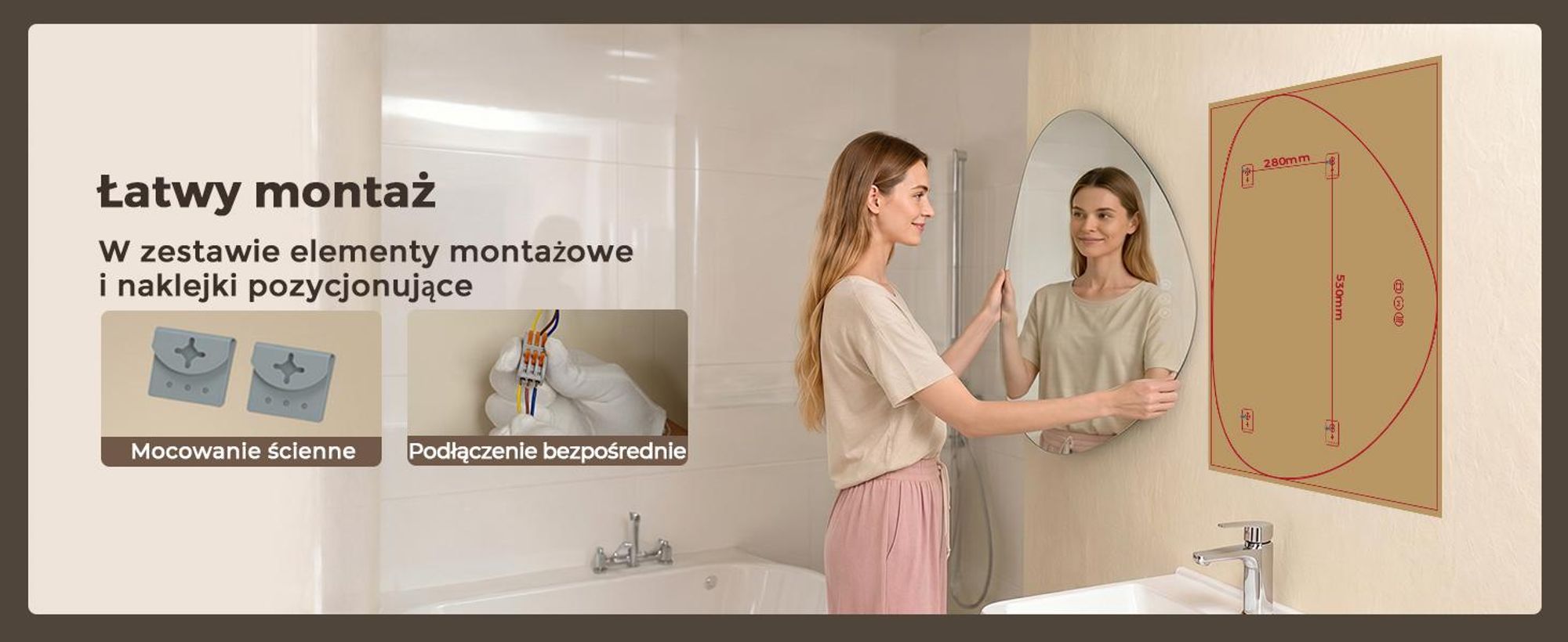 S'AFIELINA Lustro Łazienkowe LED 60 x 70 cm, Podświetlane, Bez Ramy, 3 barwy światła, regulacja jasności, anti-fog i pamięć. Montaż poziomy/pionowy.