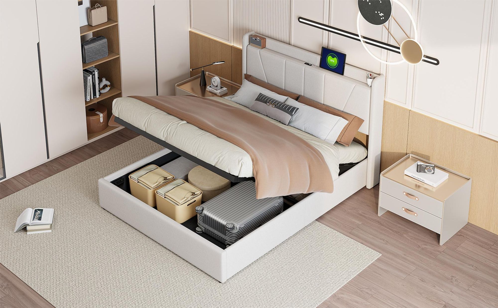 Fortuna Lai Polsterbett 160x200cm mit USB, Jugendbett Doppelbett mit Lattenrost und Stauraum, Stauraumbett, Leinen, Beige
