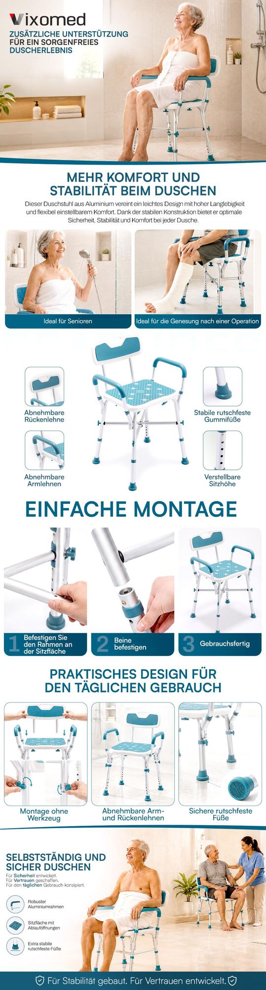 VixoMed® Duschstuhl mit Rückenlehne & Armlehnen – Höhenverstellbarer Duschhocker für Senioren – Rutschfester Duschsitz mit Abnehmbarer Rückenlehne