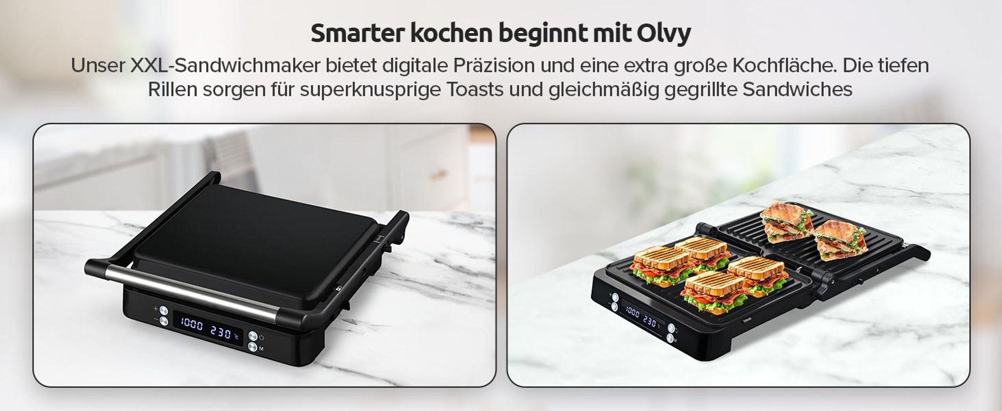 Olvy Kontaktgrill XXL 2000W – Sandwichmaker für 4 Sandwiches, Paninimaker mit 7 Programmen, Tischgrill mit Display, PFAS-frei, bis 230° einstellbar