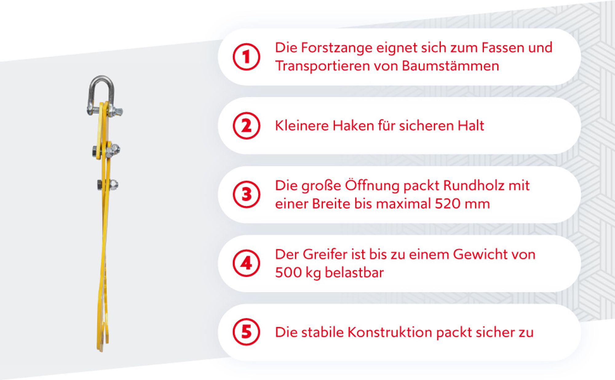 Wiltec Forstzange für Baumstämme bis 520 mm, 500 kg Zugkraft, Holzzange Hebezange Packzange mit 2 Klemmdornen