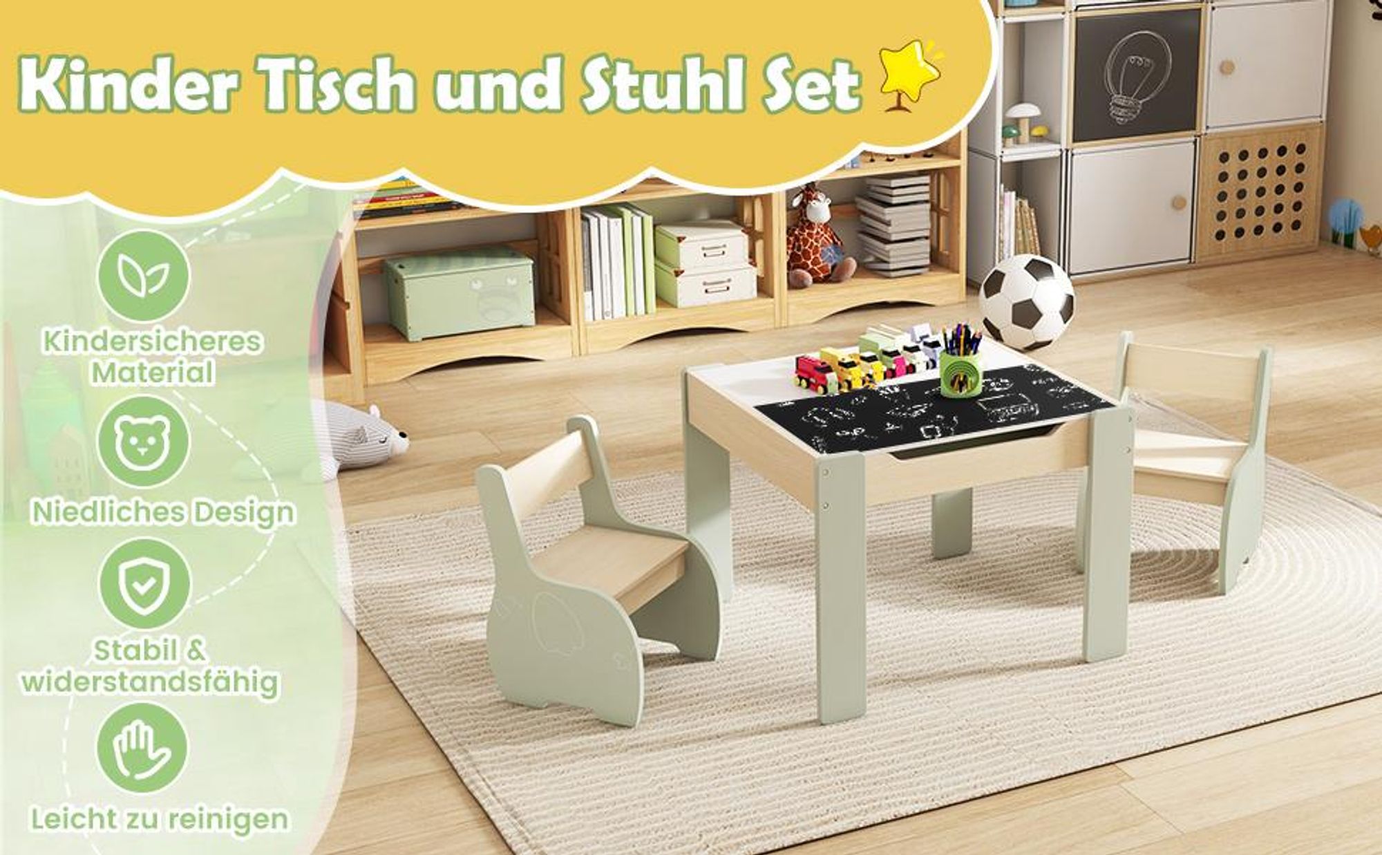 COSTWAY 3tlg. Kindersitzgruppe aus Holz, 4-in-1-Kindertisch mit 2 Stühlen & Abnehmbarer Tafel, Kindermöbel-Set mit Stauraum für Spielzimmer, Kindergarten (Grün)