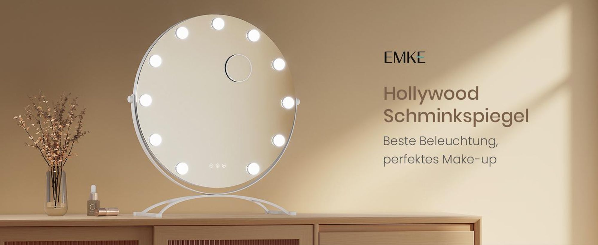 EMKE Kosmetikspiegel Hollywood 58X50cm Rund Schminkspiegel mit LED Beleuchtung und Vergrößerung 7x, 3 Lichtfarben Dimmbar, Weiß