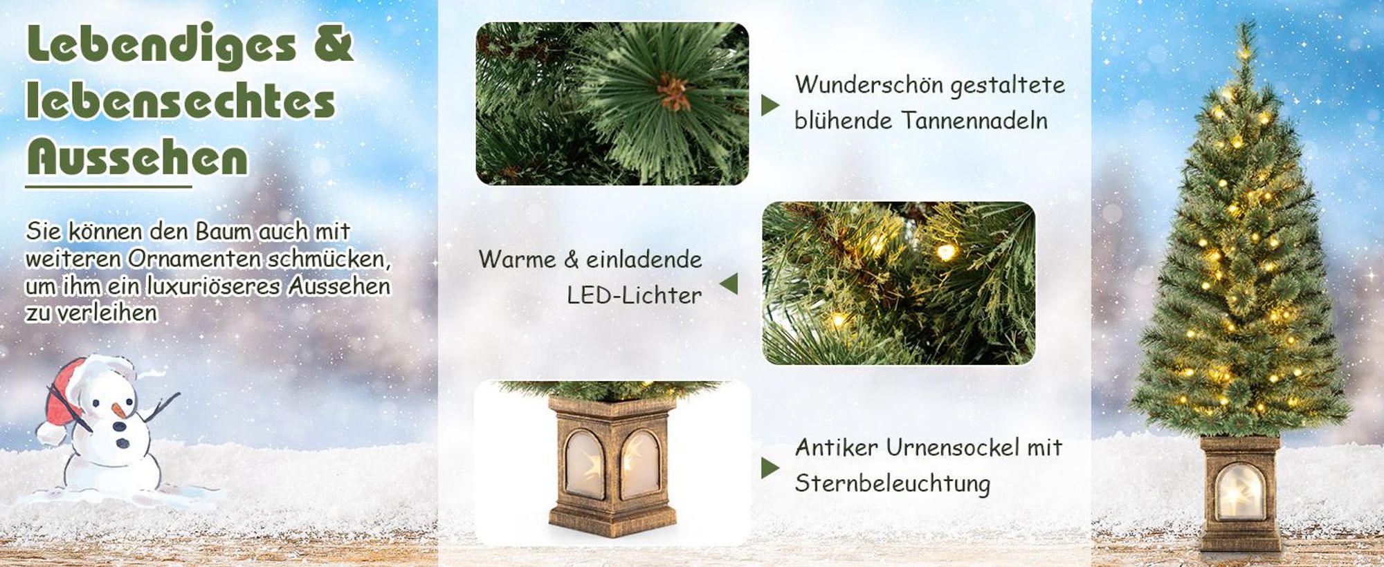 COSTWAY 120 cm künstlicher Weihnachtsbaum mit Beleuchtung, Tannenbaum im Topf, mit warmweißen LED-Lichtern & Timer & 116 PVC Zweigspitzen, Topfbaum für Eingang Haus Büro, Grün