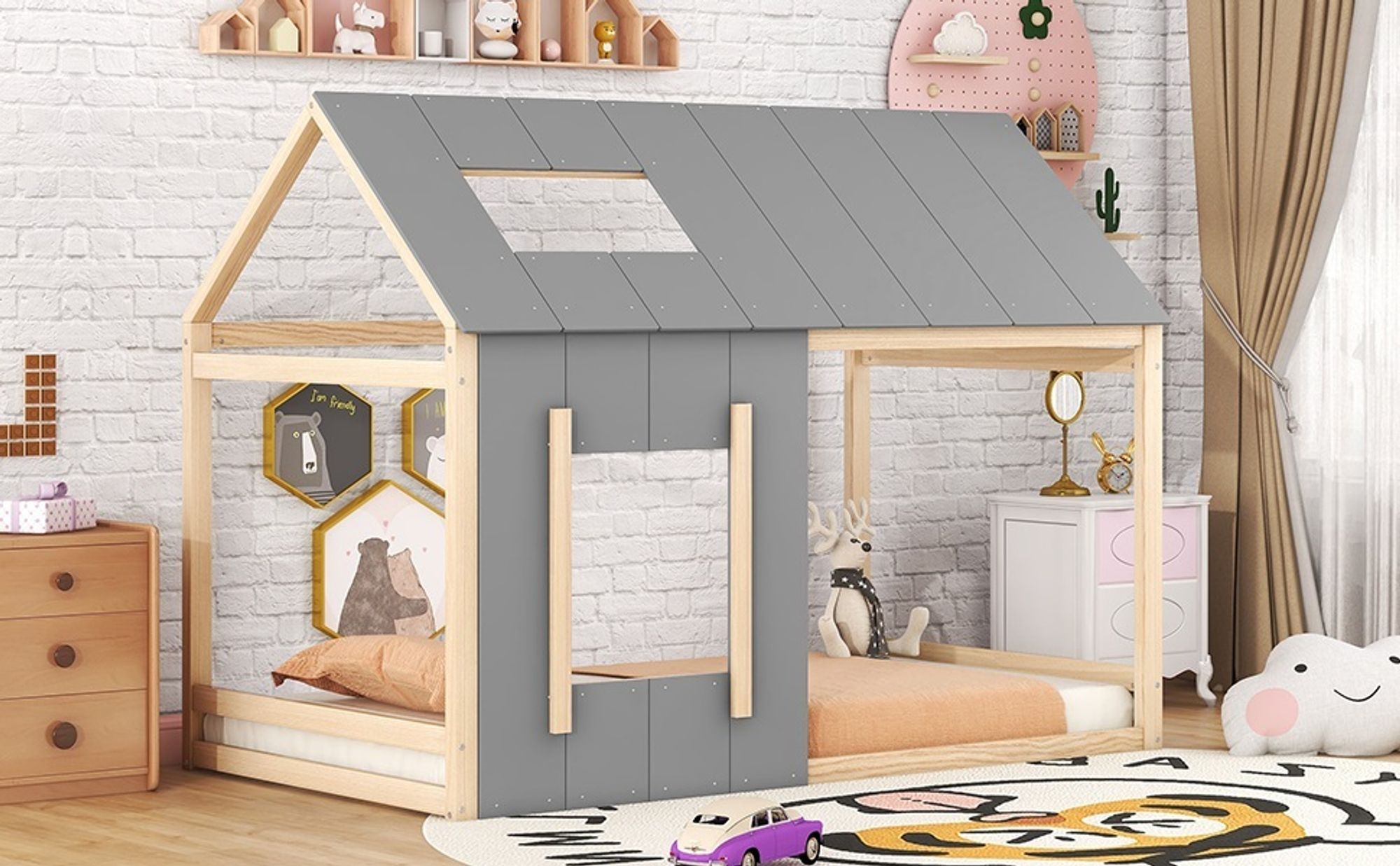 okwish 90 x 200 Kinderbett, Kinderbett in Hausform, Einzelhaus-Flachbett mit Dach und Fenstern in Naturfarbe