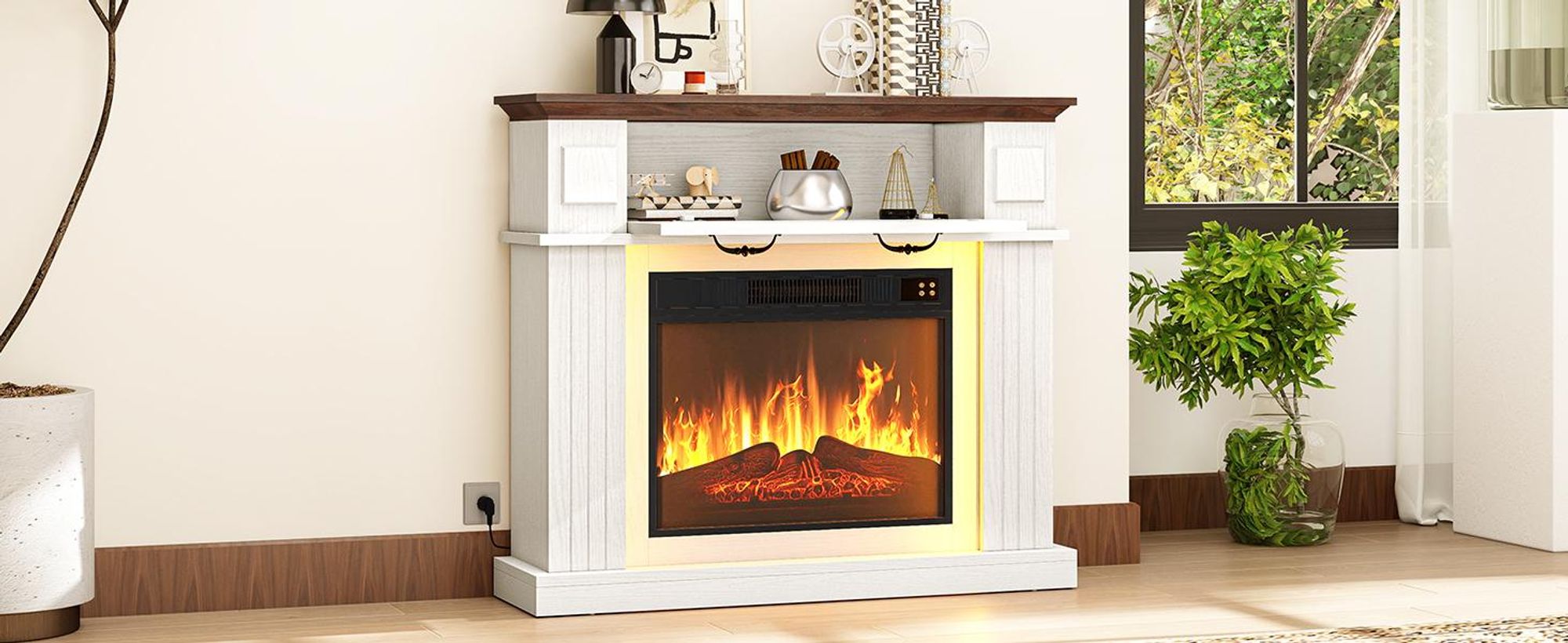 Elektrokamin mit 3D Flammeneffekt, 2000W Elektrische Kamine mit Heizung & Kaminfeuer mit Stauraum