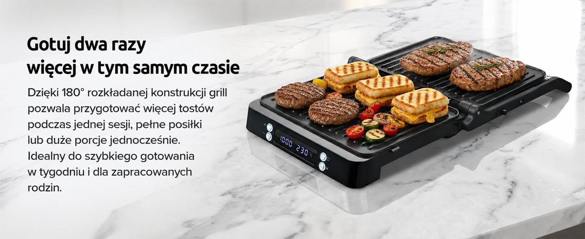 Grill kontaktowy Olvy XXL 2000W - opiekacz do 4 kanapek, opiekacz do panini z 7 programami, grill stołowy z wyświetlaczem, bez PFAS, regulacja do 230°
