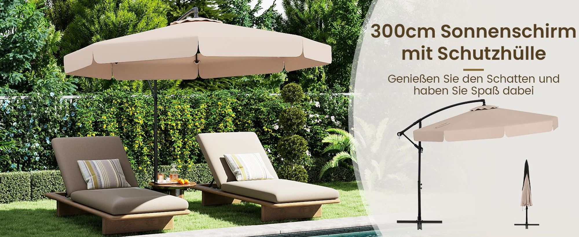 COSTWAY Sonnenschirm Ø300cm, Ampelschirm mit Volantm Schutzhülle, Gartenschirm mit 8 Streben & Kurbel, Marktschirm Neigungswinkel verstellbar Grau