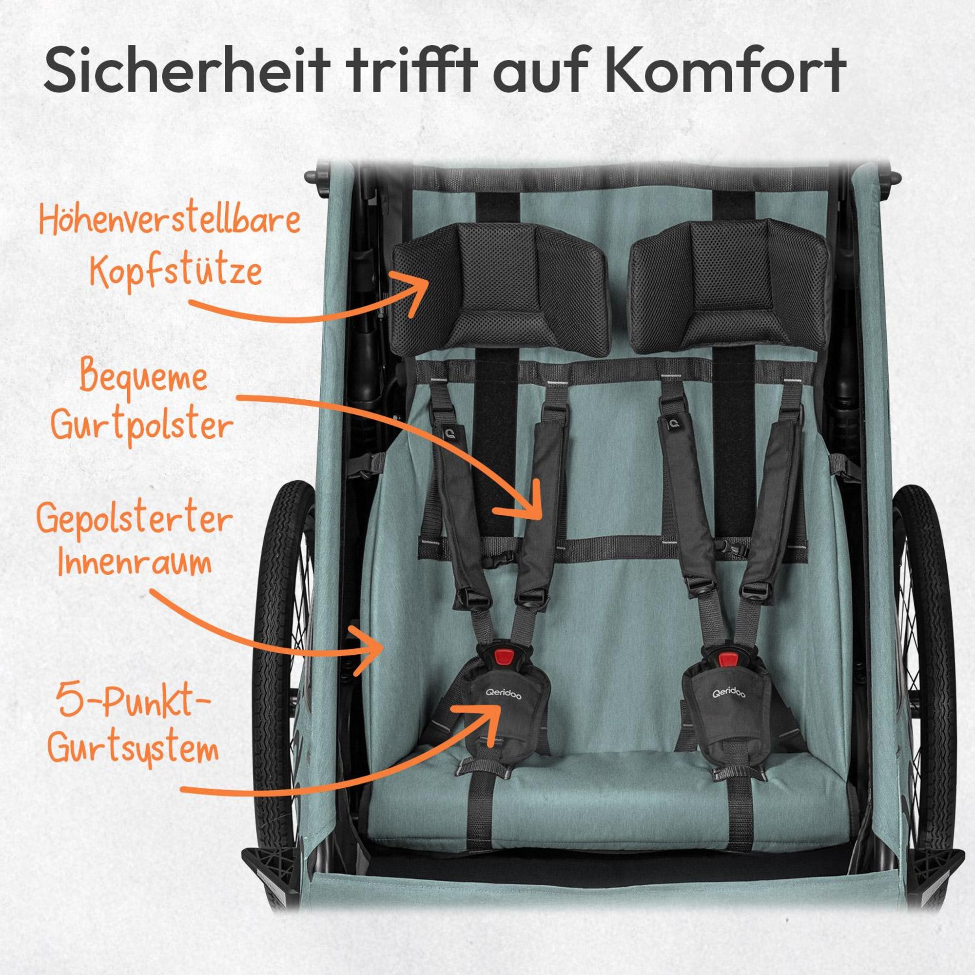 Qeridoo QUPA Plus 2 - Kinderfahrradanhänger für 2 Kinder, Farbe: Mineral Blue