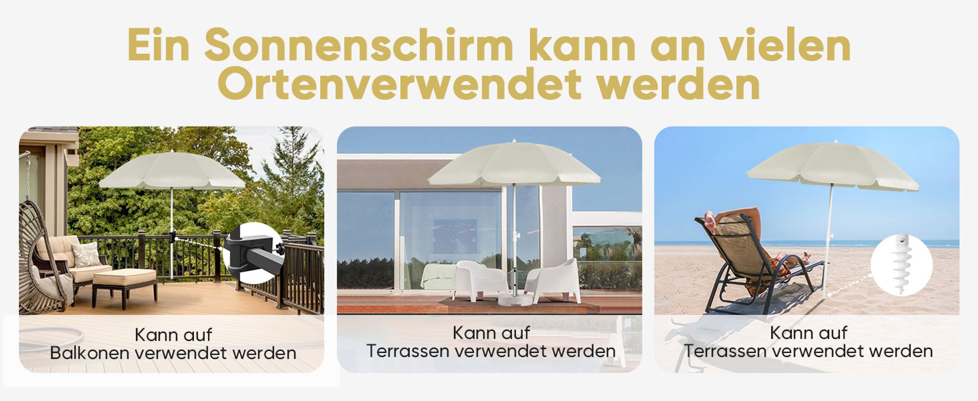 Sekey Sonnenschirm Rund Ø160cm Gartenschirm UV Schutz 50+ Strandschirm mit erdspieß & Schutzhülle, Neigungswinkel und Höhe verstellbar