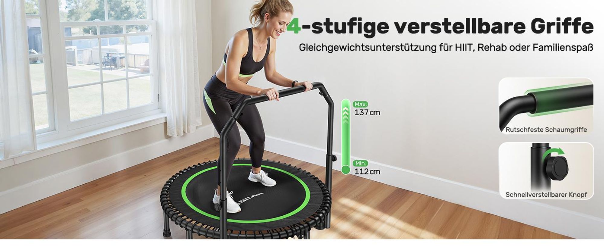 BCAN Rebounder-Trampolin Erwachsene | 122cm 250kg | Bungee-Seilen Verstellbarer Griff Indoor&Outdoor