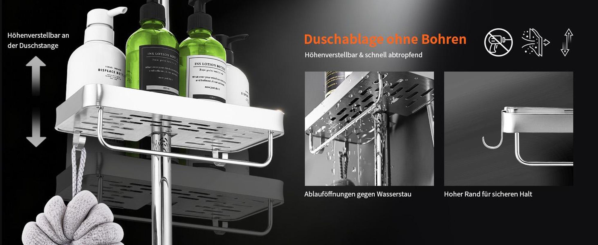 Homelody Duschsystem ohne Armatur, Duschset Duschsäule mit SUS304 Edelstahl Duschablage 30cm kopfbrause & Handbrause Quadratisch 3 Strahlarten Chrom