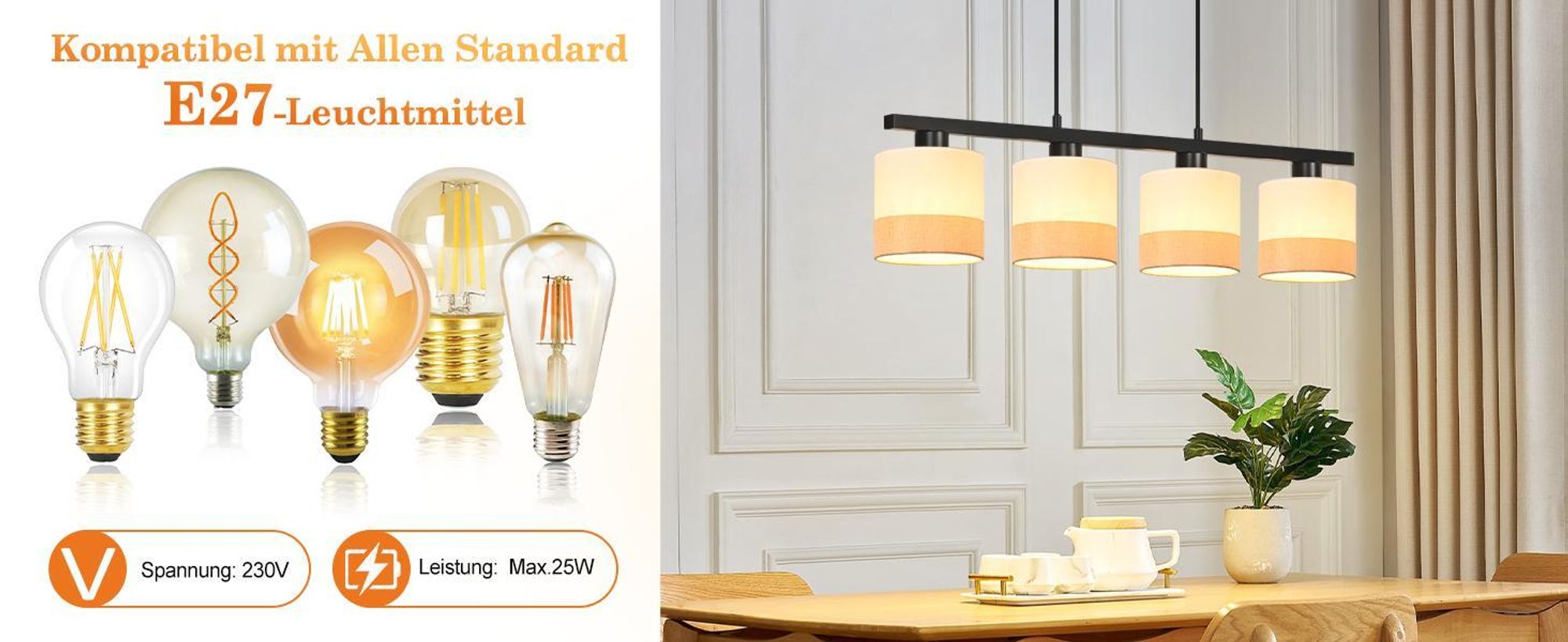 ZMH Hängelampe 4 Flammig Pendelleuchte Esstisch Hängeleuchte Stoff Esstischlampe E27 Pendellampe Höhenverstellbar Esszimmerlampe Hängende für Küche
