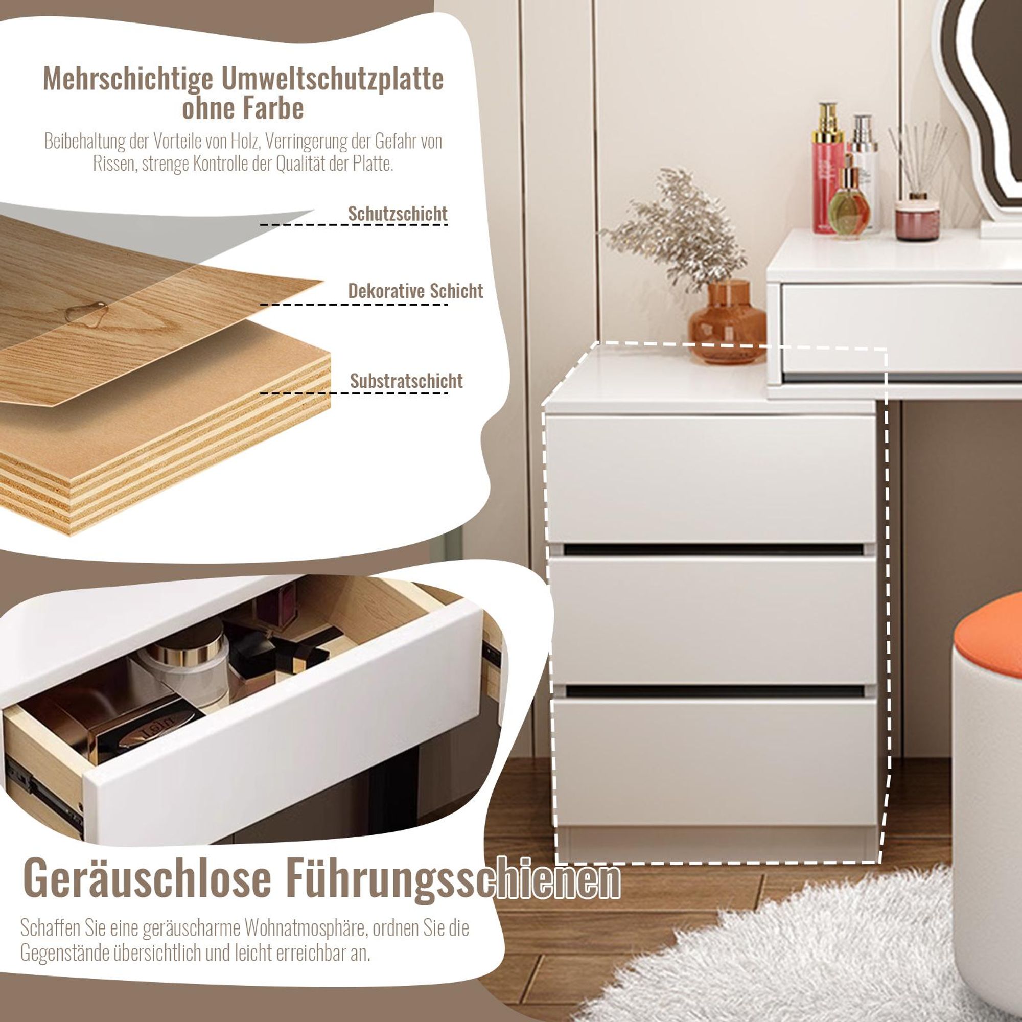 TWSOUL Schminktisch modern mit LED-Spiegel & viel Stauraum, 3-farbige Beleuchtung, ideal fürs Schlafzimmer