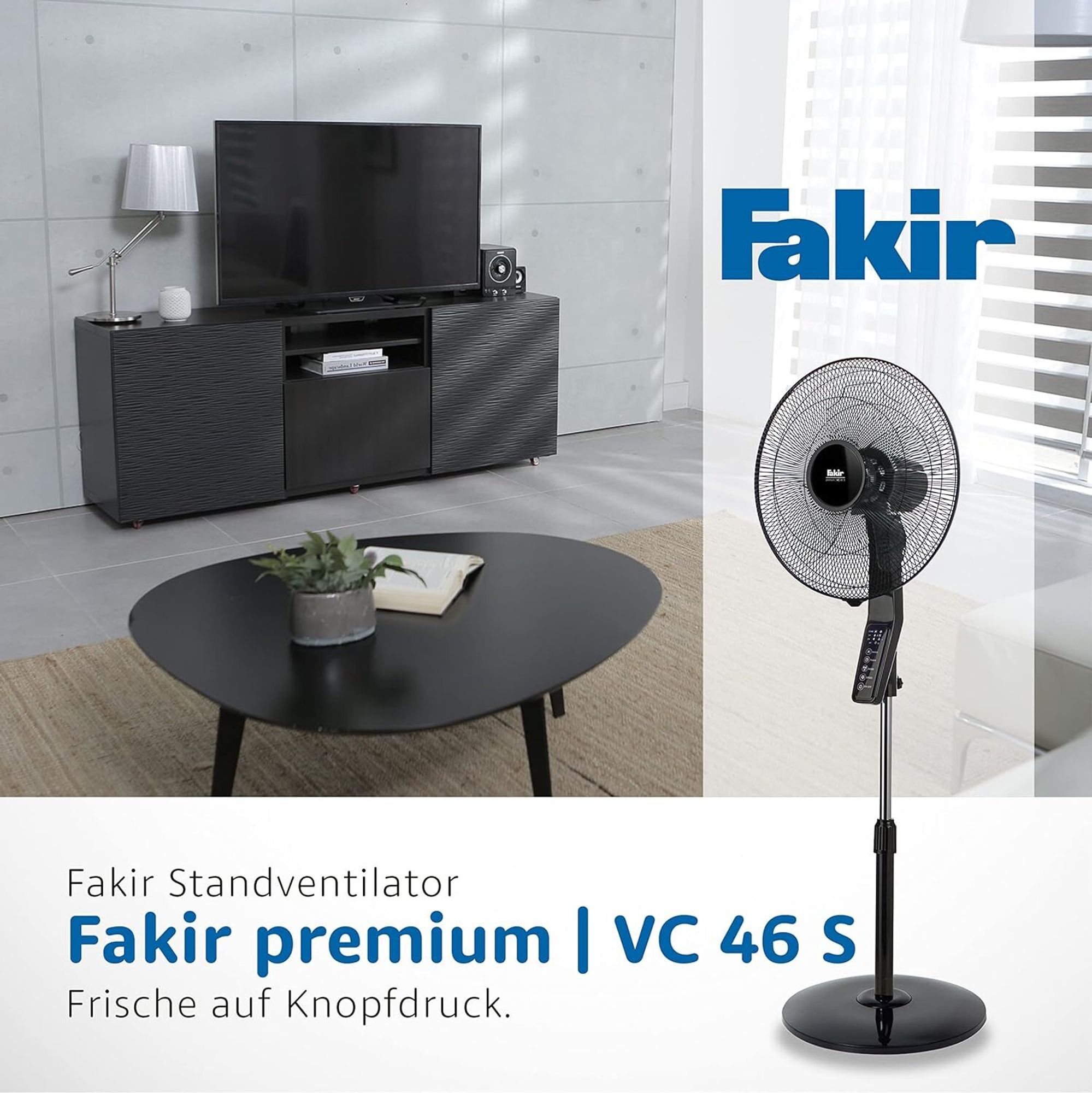 Fakir VC 46 S premium Standventilator, 45 cm Ø, extra leise, Oszillation, verstellbar, Fernbedienung, Touch-Steuerung