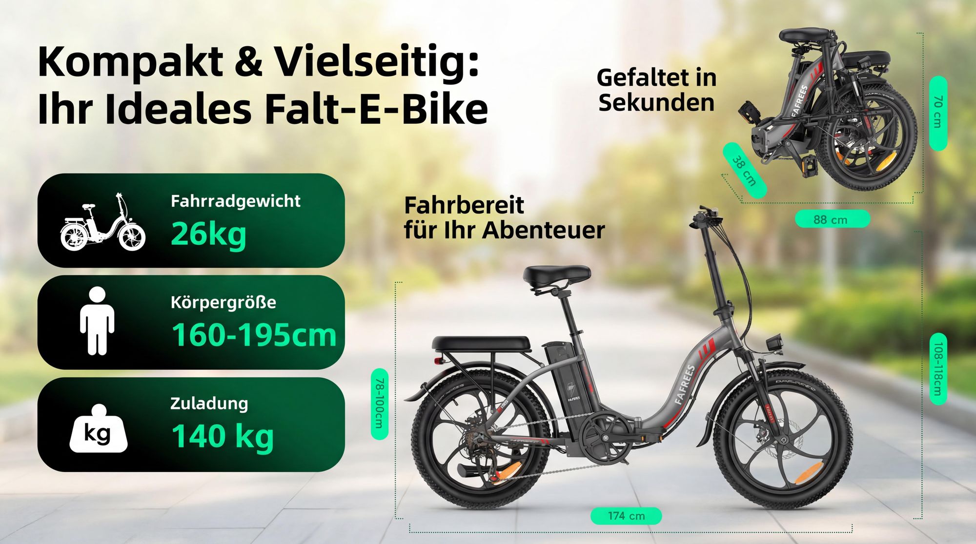 E-bike klapprad 20 zoll Rostfreie Aluminiumlegierung Wasserdicht IP54 36 V 18 Ah 648 Wh bis zu 100 - 130 km Pedelec 7 Gang, Weiß