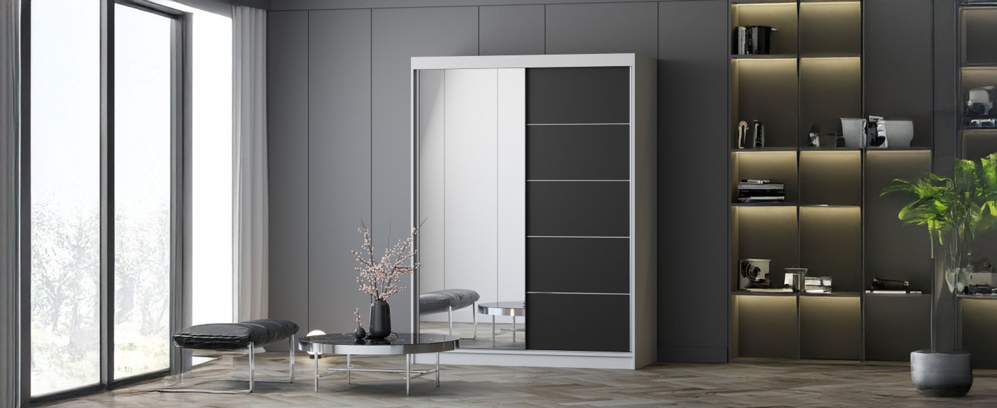 Schwebetürenschrank Kleiderschrank 150 cm Weiß/Schwarz mit Spiegel Vista 05