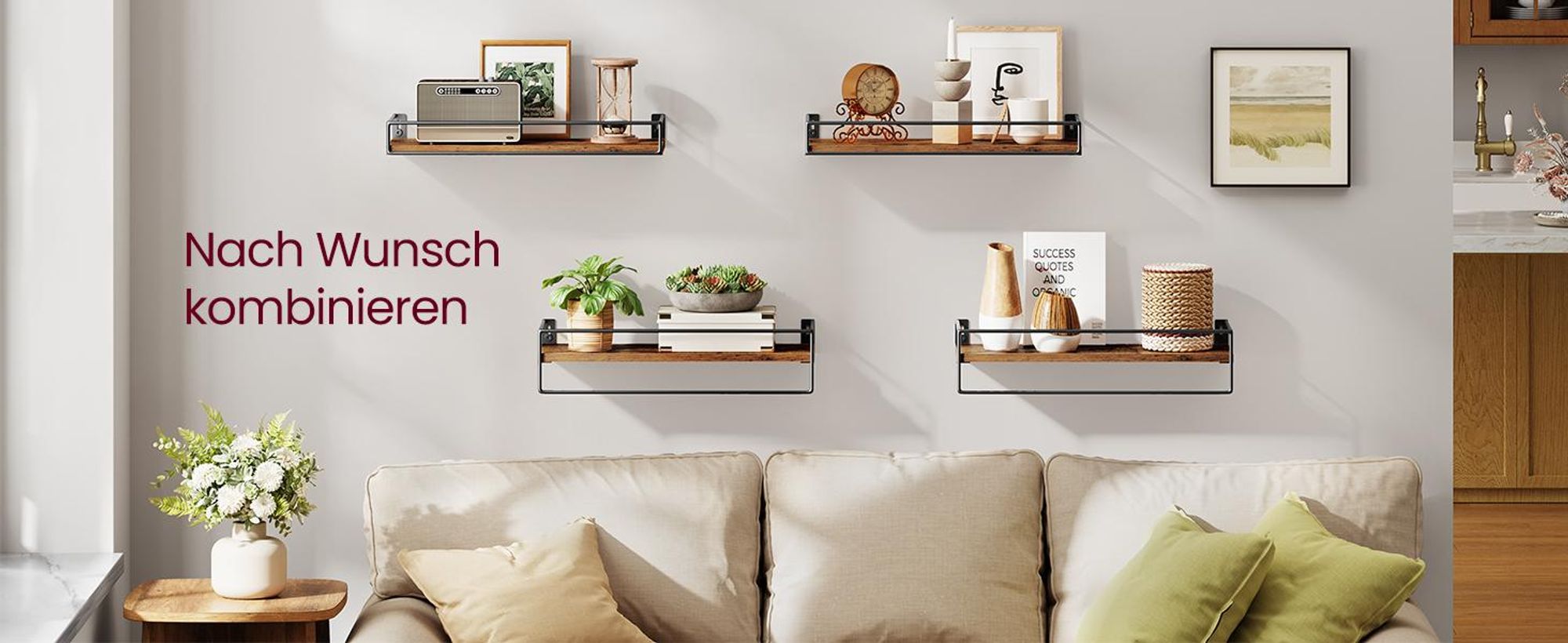 VASAGLE Wandregal, 2er Set, Schweberegal mit Stange, Wandboard, Aufbewahrung, an der Wand, für Küche, Schlafzimmer, Wohnzimmer, vintagebraun-schwarz LWS441B01