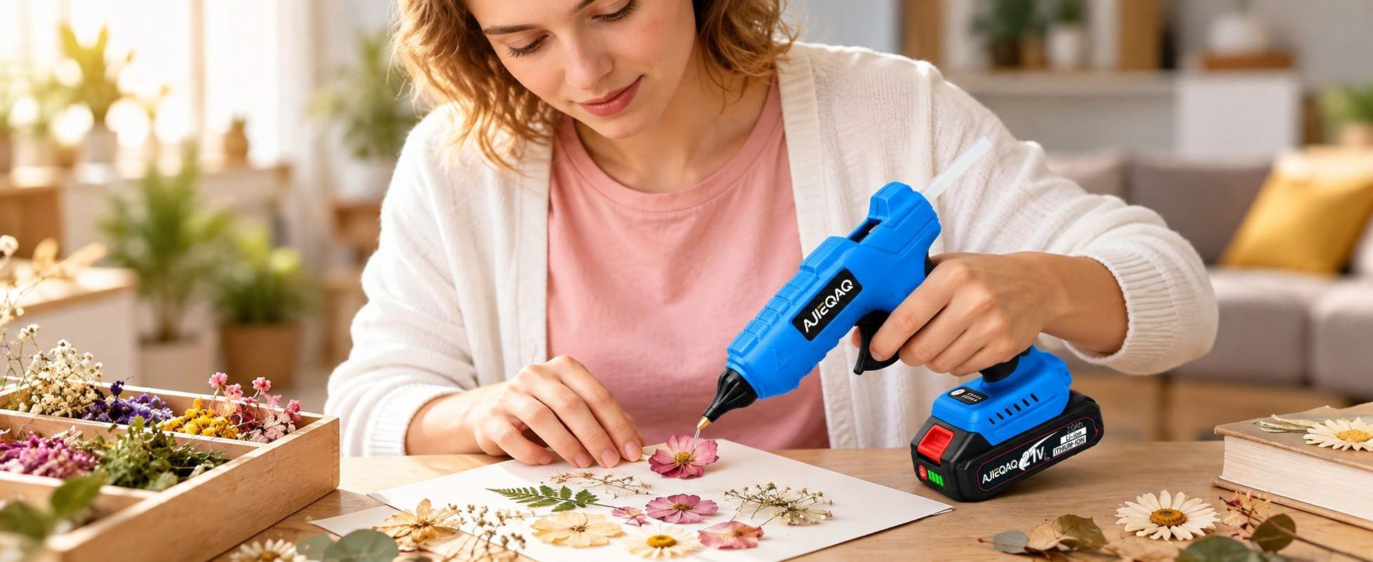 Akku-Heißklebepistole 21V, Kabellose Heißklebepistole mit 2×2,0Ah Akkus, 180°C Max., 10×11mm Klebesticks, Schnellaufheizung, für Basteln, DIY, Holz &