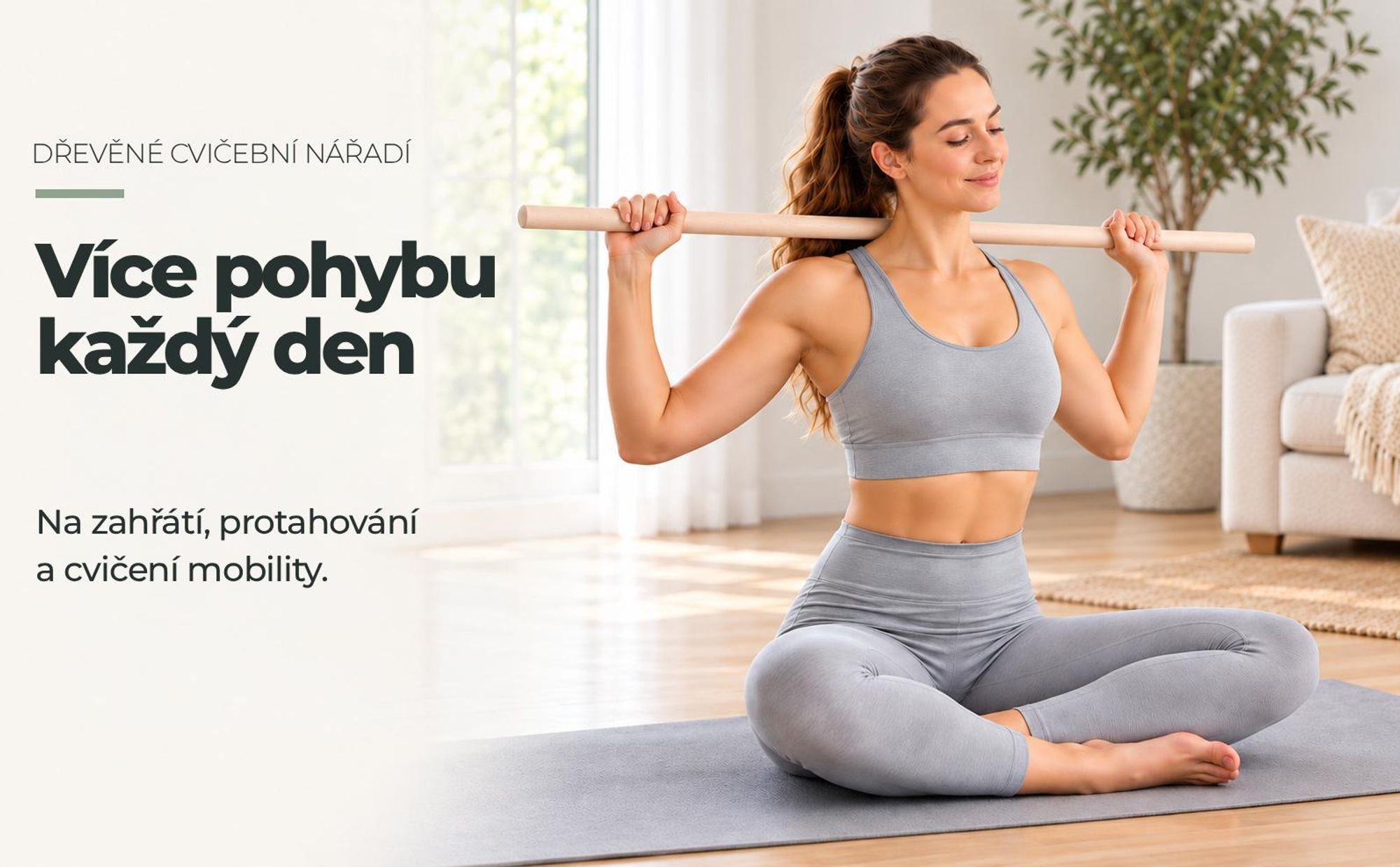 MOE UHANE® Dřevěná gymnastická tyč 100 cm na cvičení, jógu, fitness, mobilitu a rovnováhu, protahovací hůl pro děti a dospělé, přírodní dřevo