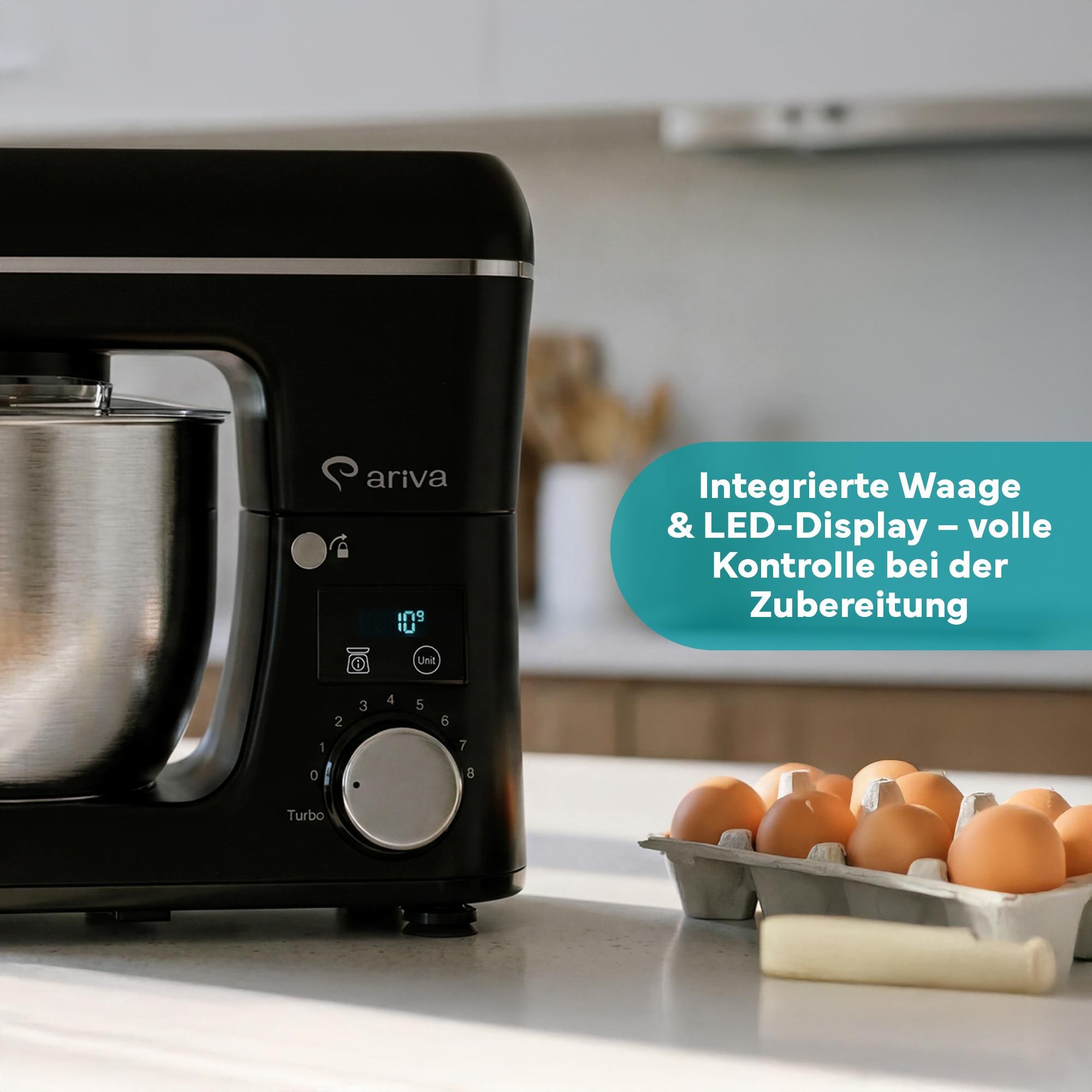 Detailaufnahme des LED-Displays und Drehreglers der Küchenmaschine.