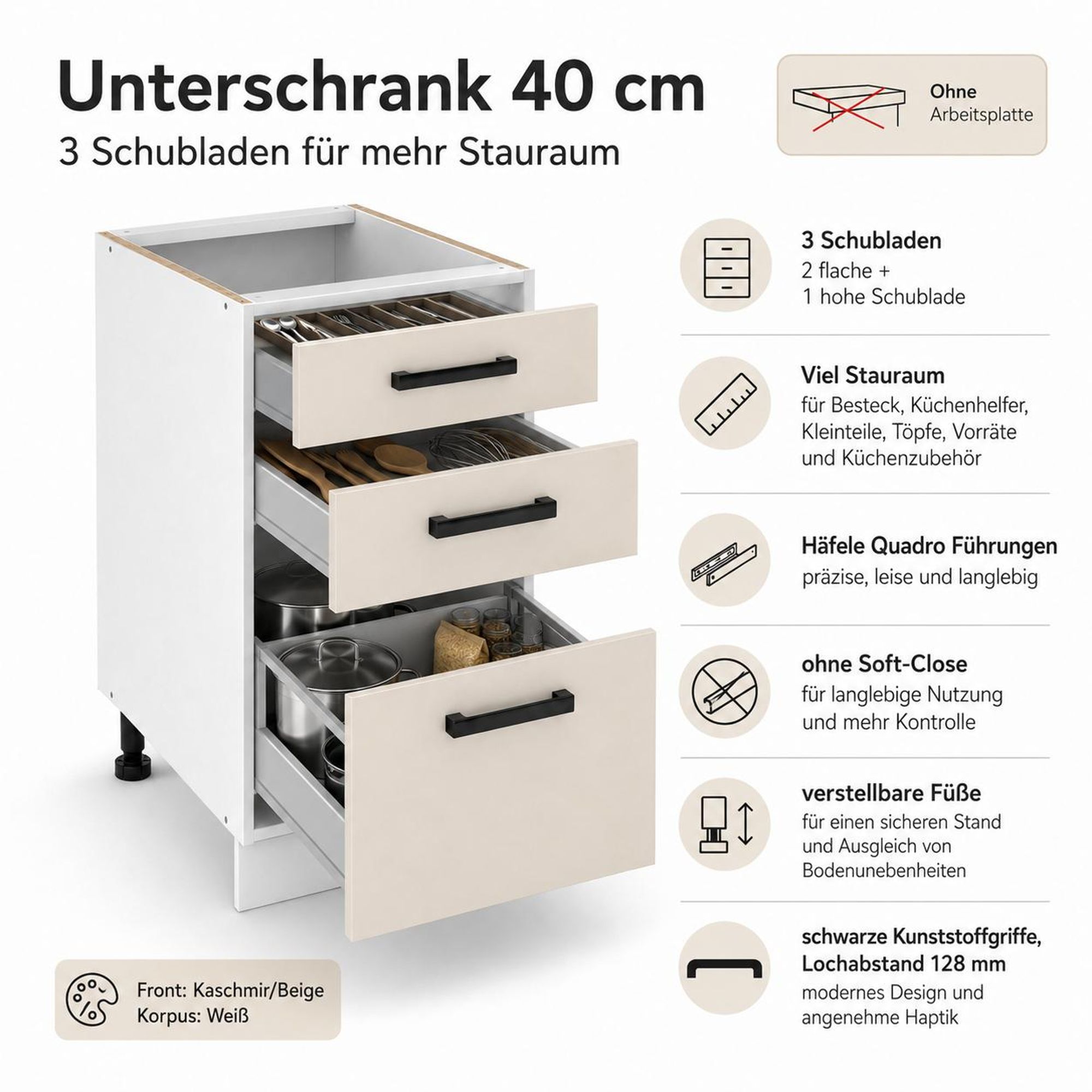 Küchenunterschrank 40 cm Kaschmir Beige: Viel Stauraum mit 2 flachen & 1 hohen Schublade.