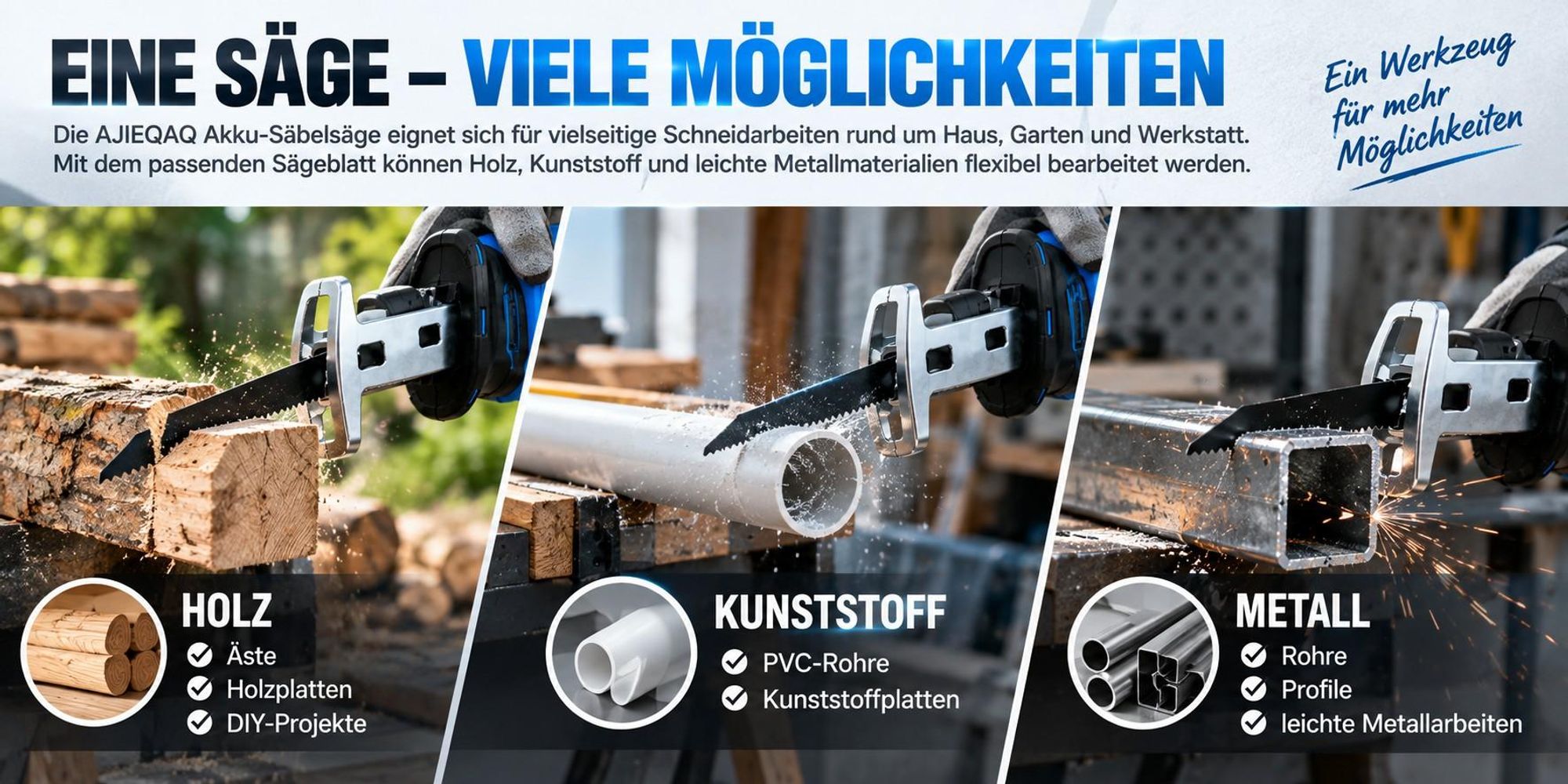 Akku-Säbelsäge 21V, 0–3000 Hübe/min, 13 mm Hub, 2×2,0Ah Akkus, LED, 4 Sägeblätter, Koffer